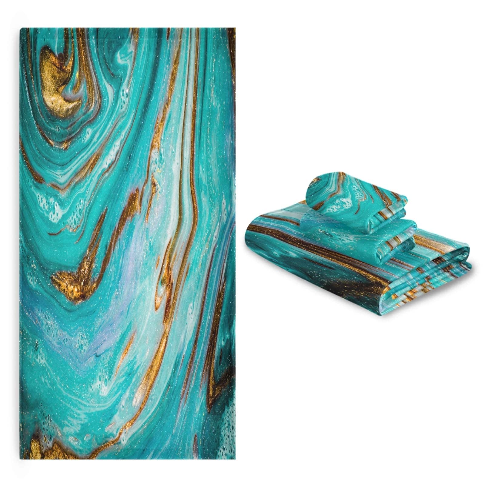 Teal Turquoise Marble Bath Towel Set - 3 Piece Gold Blue Marble Stone Hand Towels & Washcloth - Soft, Thin & Durable for Home, Bathroom, Hotel, Gym, Swim & Spa Decor - Perfect for Luxury Bathing, Guest Towels & Spa Day Essentials