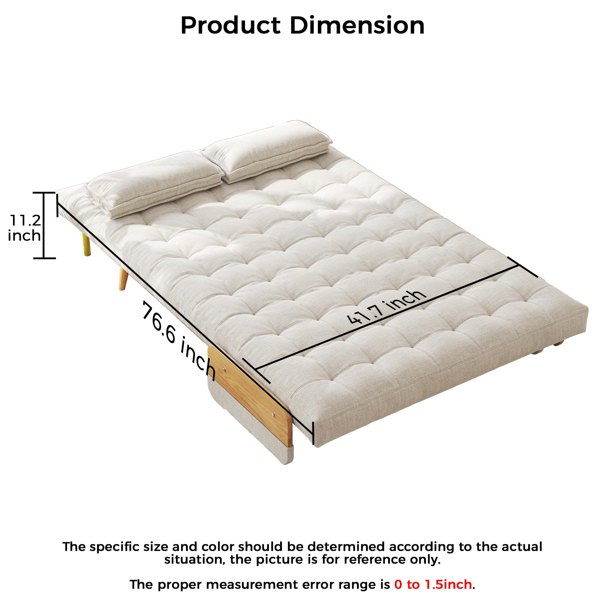 3-in-1 Convertible Sleeper Chair Bed Futon Sofa - Foldable Lazy Sofa with Wood Armrests & Pillows - Linen Chaise Lounge for Small Spaces & Apartments - Mid-Century Modern Design (76.6