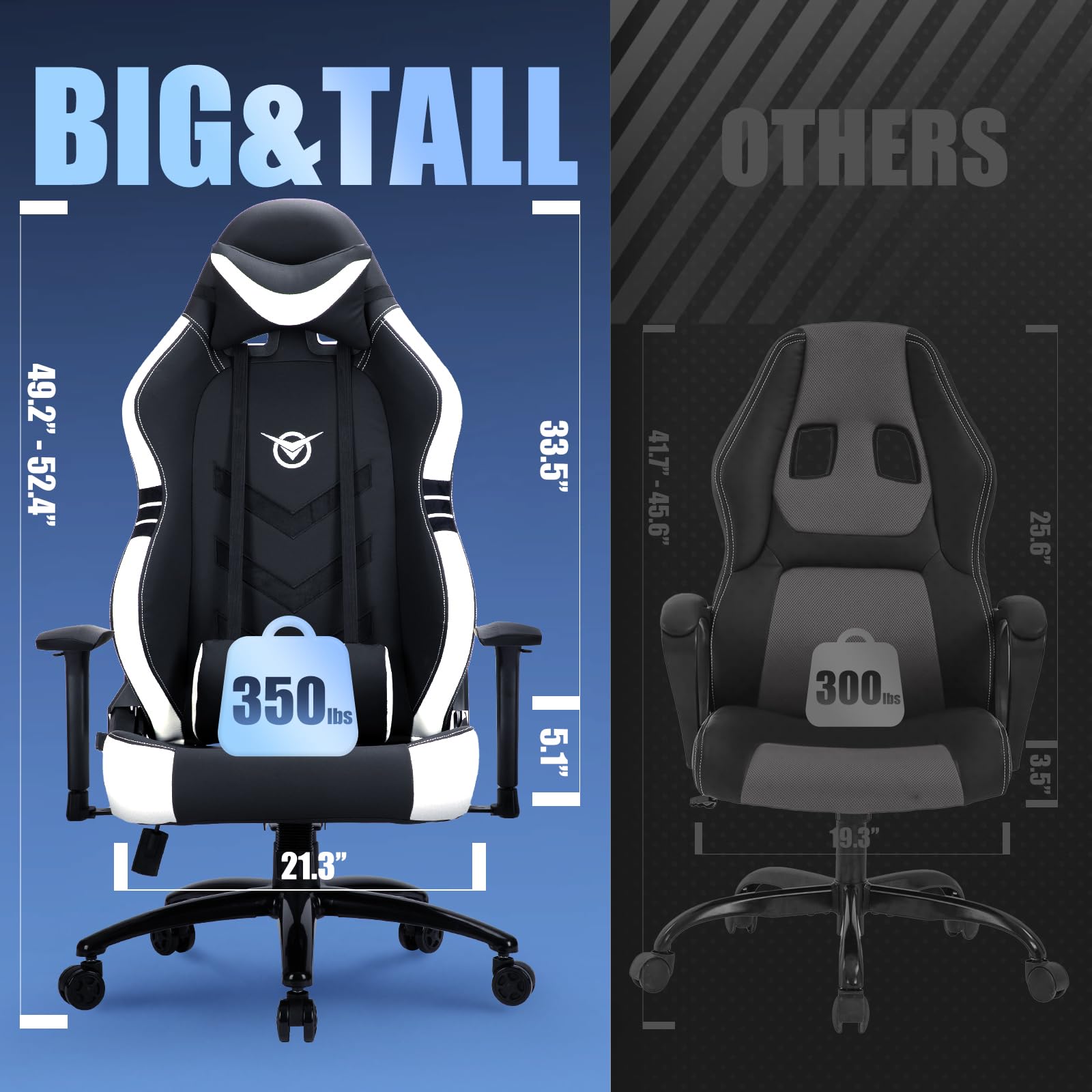 Big and Tall Gaming Chair 350lbs - Heavy Duty Ergonomic Racing Office Chair with Wide Seat, Reclining Backrest & Adjustable Armrests - Perfect for PC Gaming, Streaming & Home Office (Black/White)
