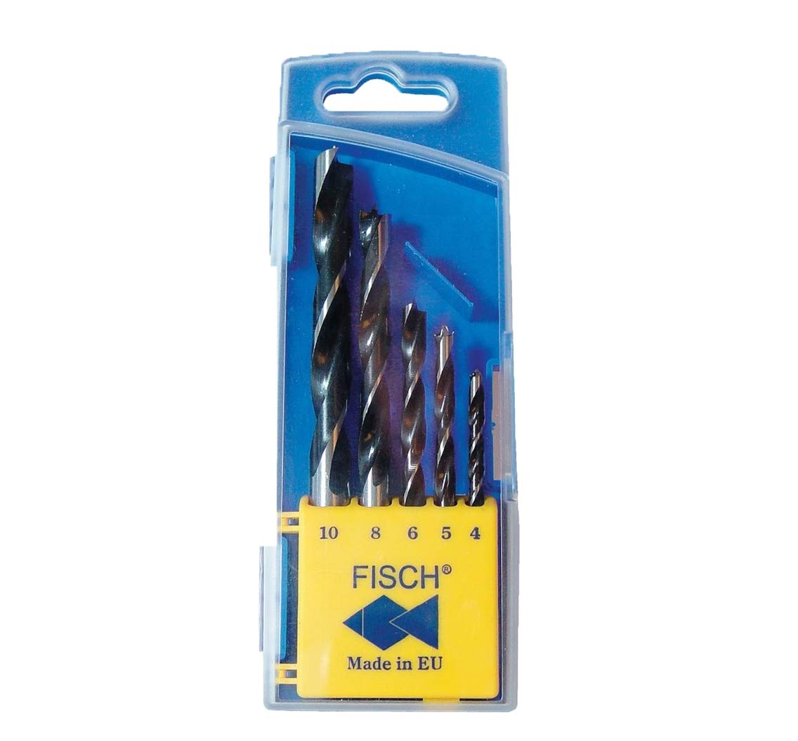 Fisch 01200005K 5-Piece Standard Wood Twist Drill Bit Set (4-10mm) - Multi-Colored HSS Drill Bits in Plastic Storage Box for Woodworking & DIY Projects - Perfect for Furniture Making, Carpentry & Home Repairs