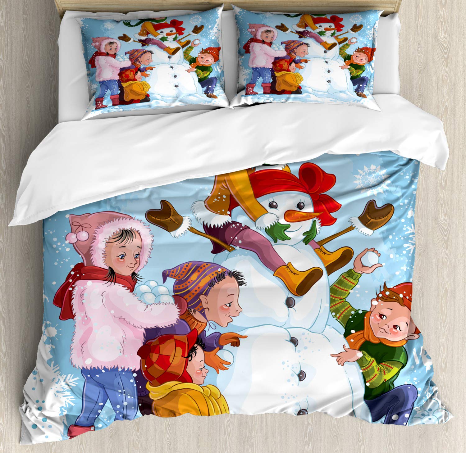 Ambesonne Snowman Duvet Cover Set - King Size 3-Piece Bedding with 2 Pillow Shams | Cartoon Winter Snow Play Design, Holiday Decor for Cozy Bedroom | Perfect for Christmas Season & Winter Home Decor