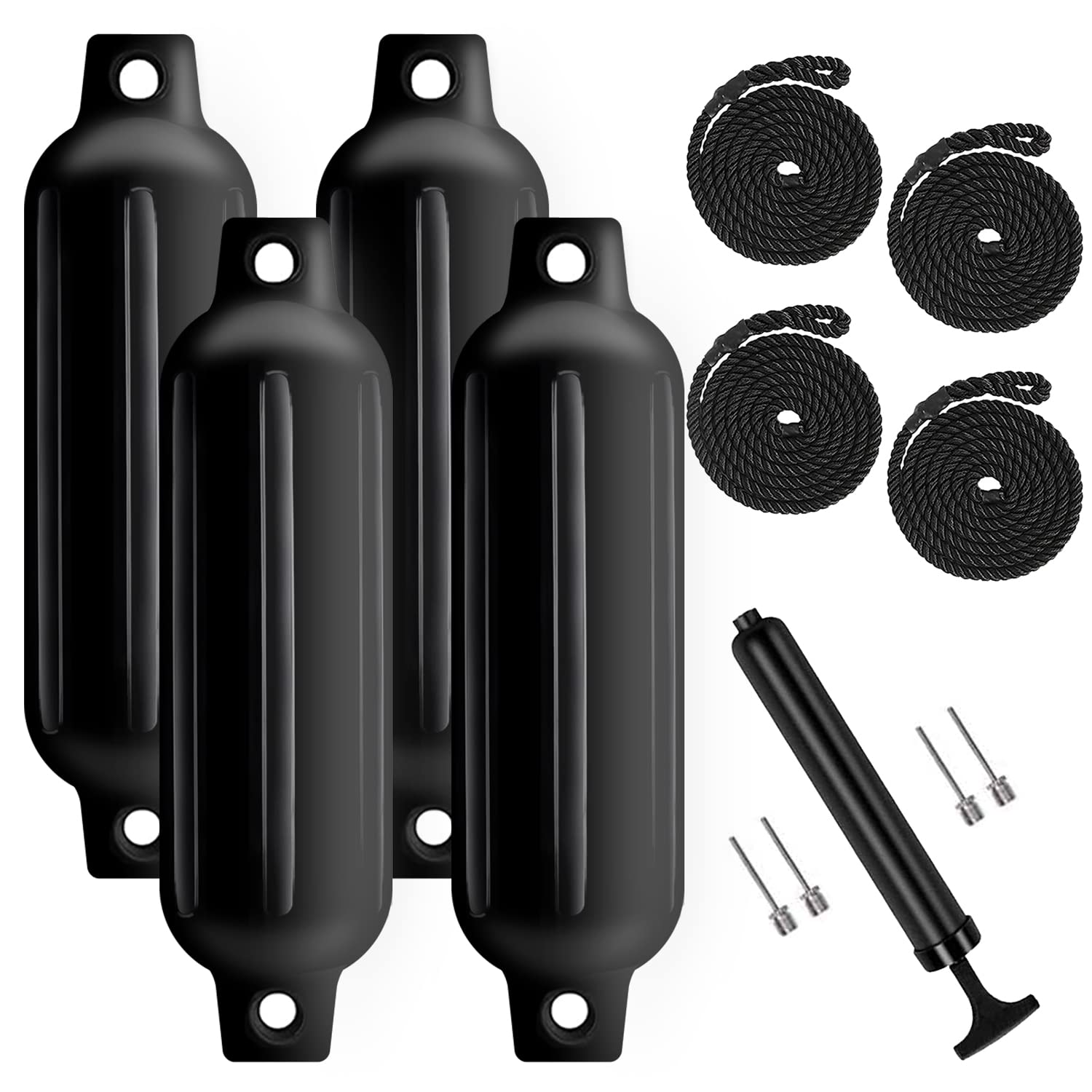 **4 Pack Inflatable Boat Fenders with Ropes & Pump - Heavy Duty Ribbed Marine Bumpers for Docking, Mooring & Boat Protection (Includes 4 Needles)** - Perfect for Yachts, Sailboats, and Dockside Safety