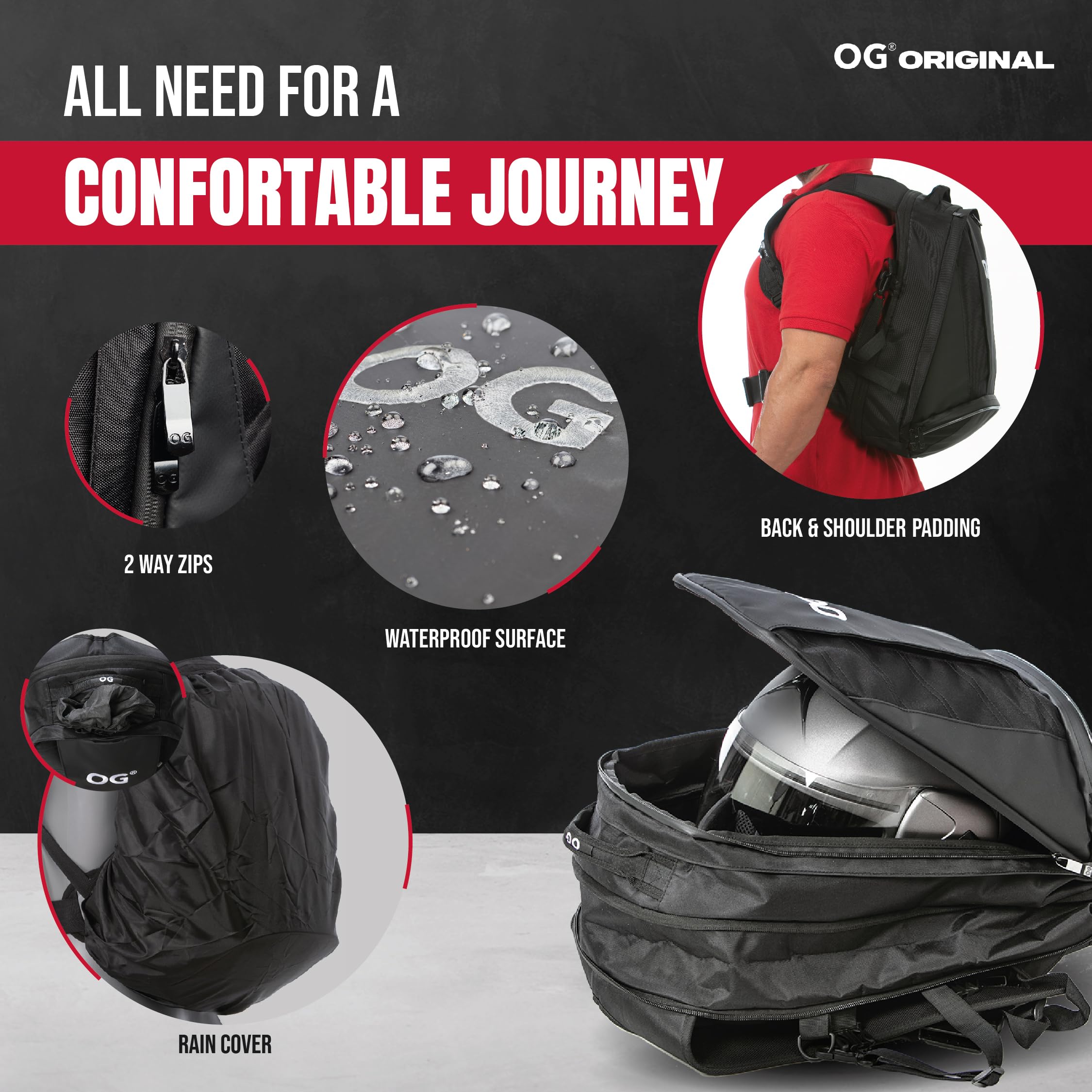 OG Original EZ-Rider PRO Motorcycle Backpack Black - Expandable 28-35L Waterproof Motorbike Helmet Bag with Laptop Pocket & Reflective White Logo - Perfect for Commuting, Travel & Adventure Riding