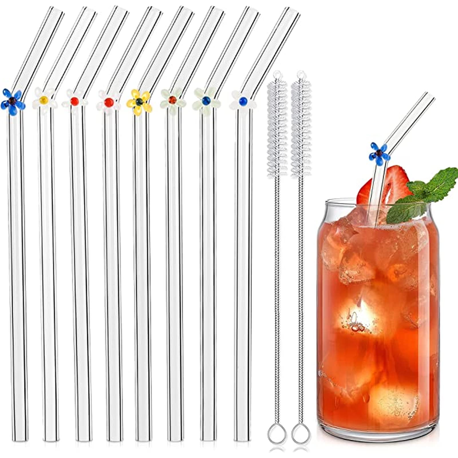 10-Pack Floral Borosilicate Glass Straws - Reusable Eco-Friendly Smoothie & Cocktail Straws with Cleaning Brushes - Perfect for Home, Bars, and Parties