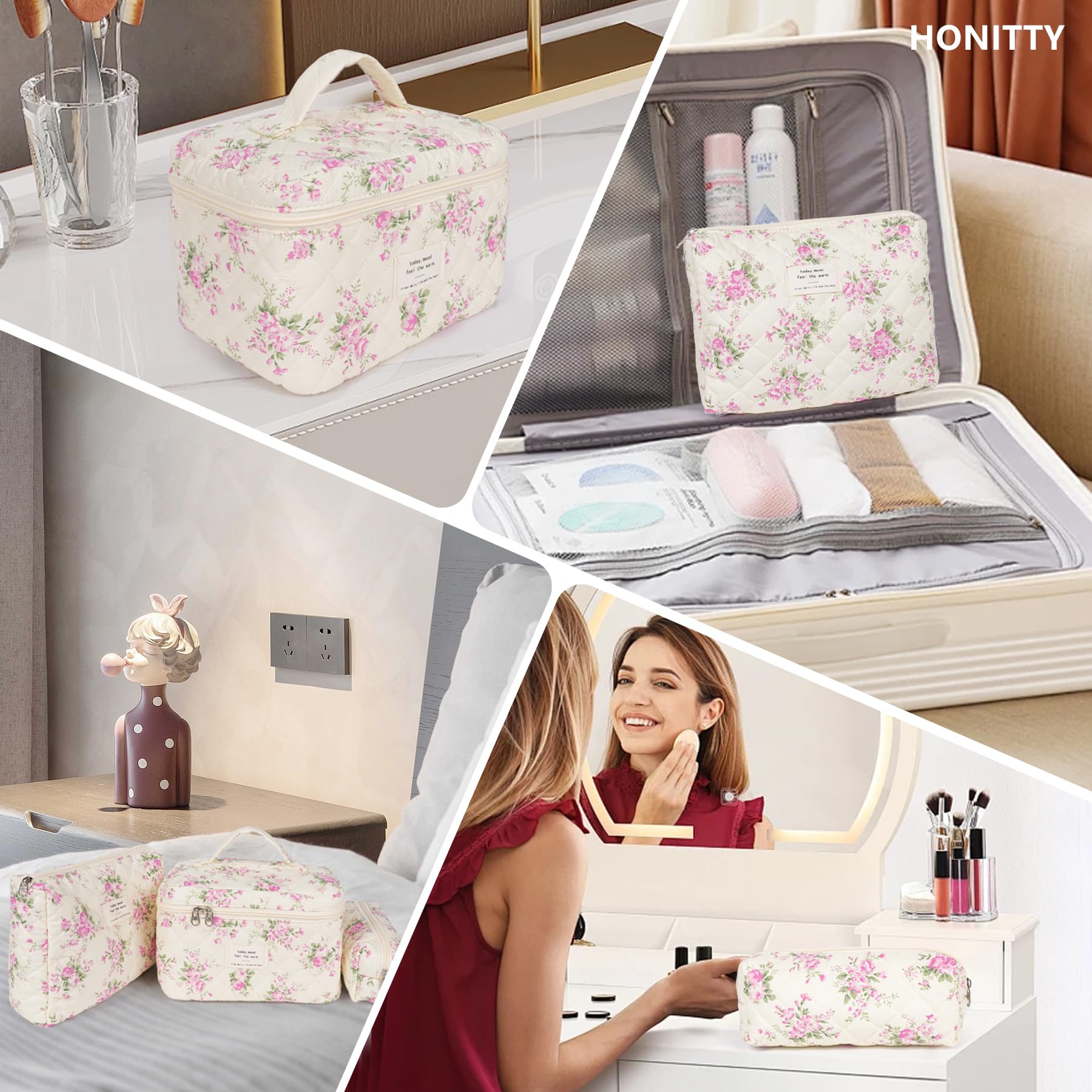 Quilted Floral Makeup Bag Set for Women - Large Cosmetic Organizer & Travel Toiletry Bag | Perfect for Travel, Daily Use & Gift Giving