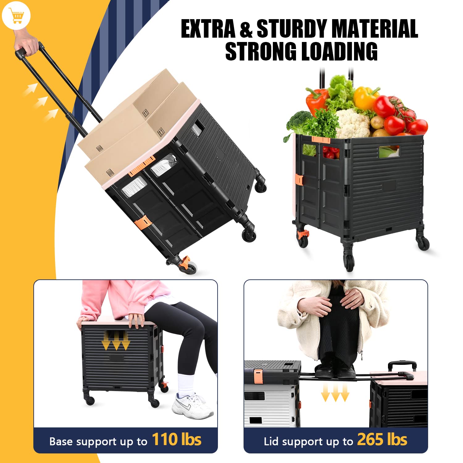 Foldable Utility Cart with 4 360° Noiseless Wheels & Telescoping Handle - Collapsible Rolling Handcart for Grocery Shopping, Office Supplies, School Books & Luggage Transport (Pink) - Perfect for Teachers, Movers & Home Organization