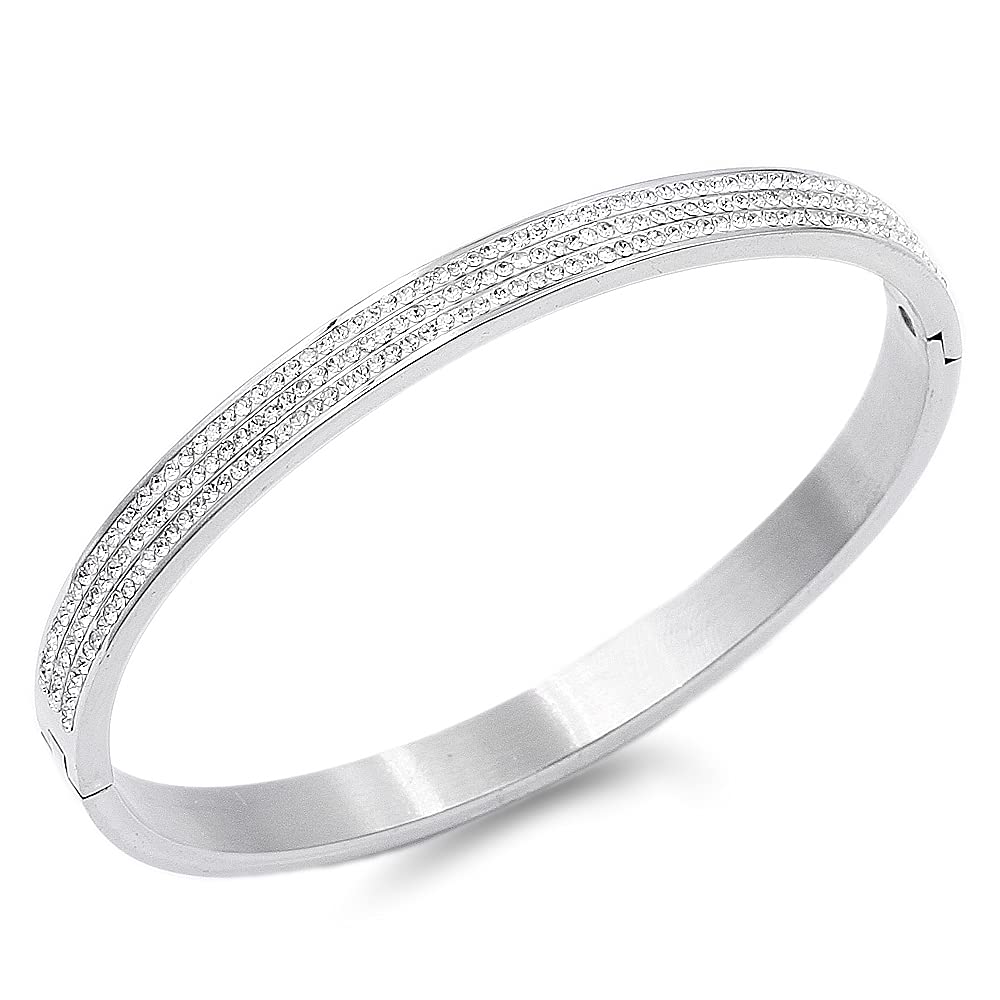 Luxury Gold Plated Stainless Steel Bracelet with CZ Stones - 6mm Width Hinged Bangle for Women (7 Inch) - Perfect for Parties, Weddings & Everyday Elegance
