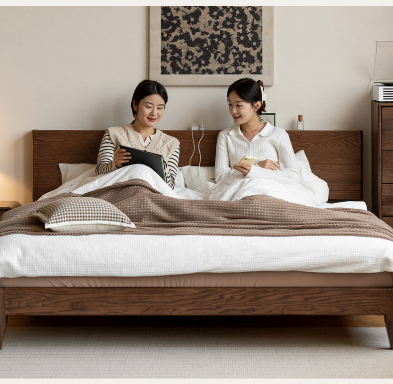 Solid Oak Wood Modern Bed Frame with LED Night Lights in Walnut Finish - Perfect for Bedroom Decor and Cozy Nighttime Ambiance
