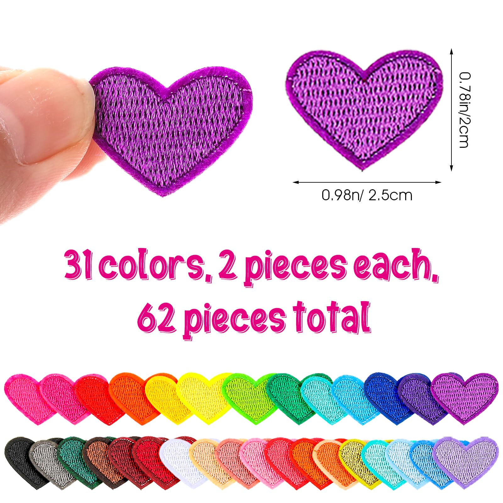 Bremorou 62 Pcs Colorful Heart Iron-On Patches - Mini Embroidered Appliques for Clothes, Hats, Jeans, DIY Backpacks & Shoes | Perfect for DIY Fashion, Costume Design & Outfit Customization
