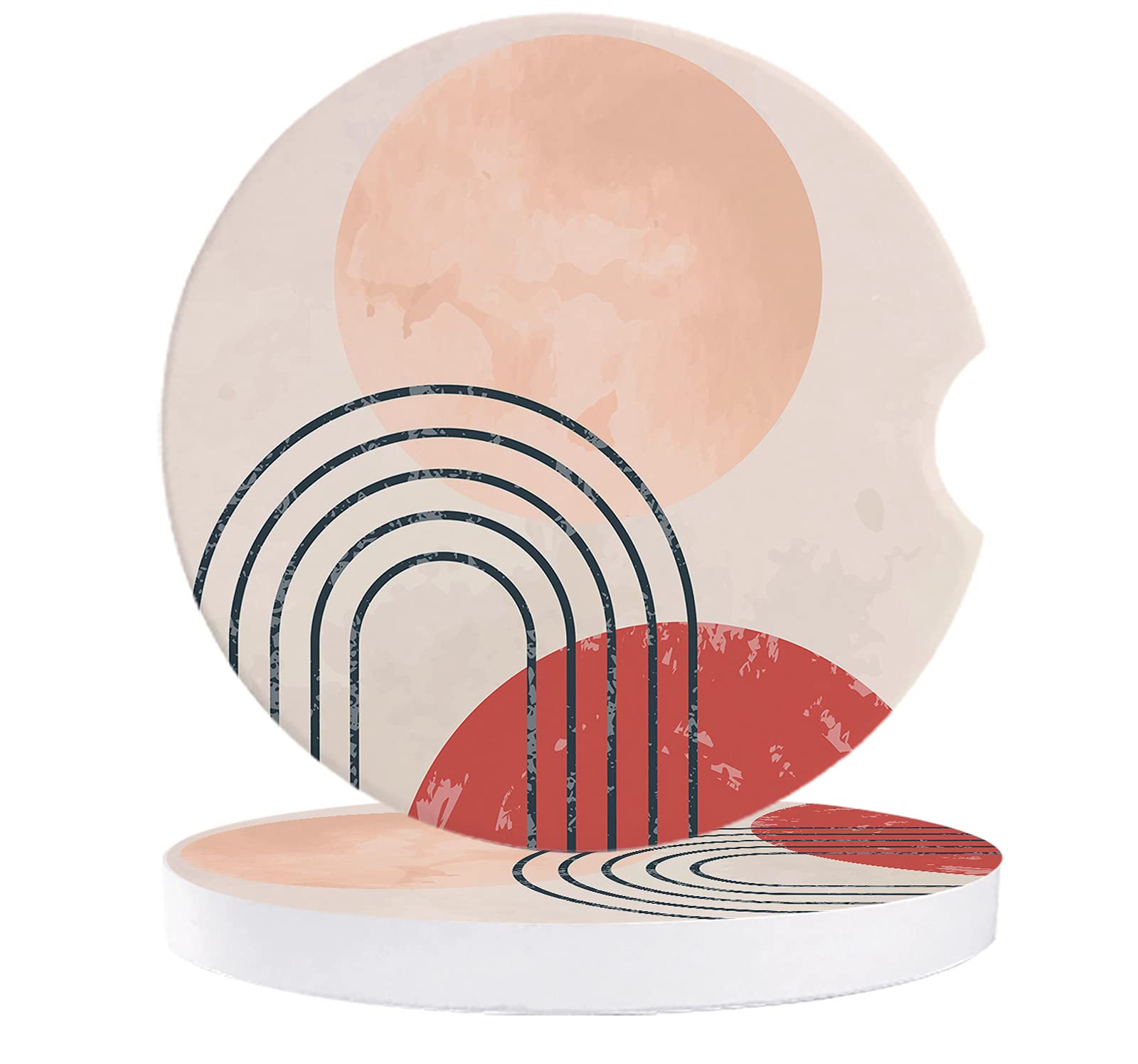 2-Pack Car Drink Coasters - Absorbent Ceramic Stone Coasters with Mid-Century Modern Colorful Geometric Design - Perfect for Coffee, Soda & Water Bottles in Vehicles