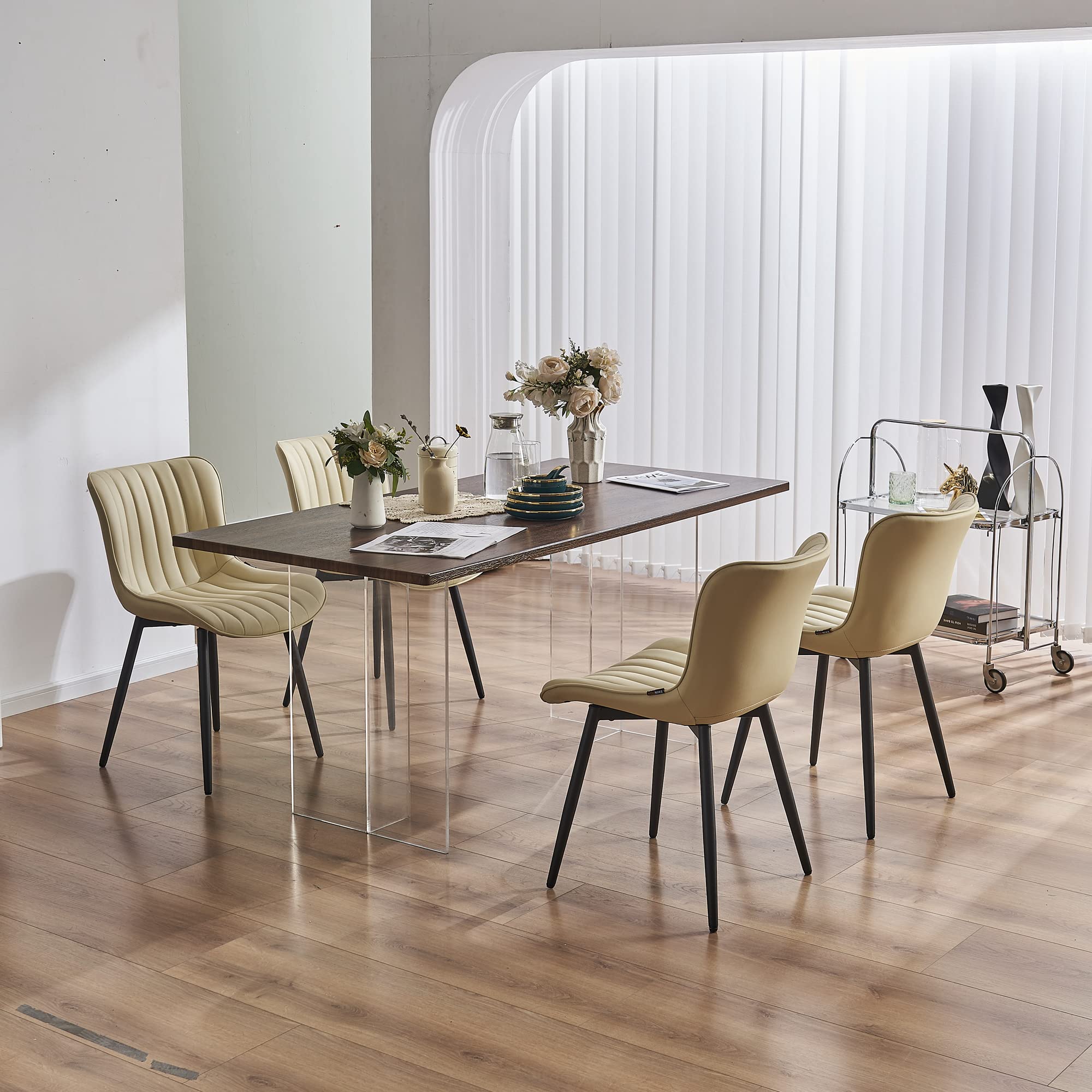 YOUNUOKE Beige Dining Chairs Set of 2 - Mid Century Modern Upholstered Kitchen Chairs with Faux Leather & Metal Legs - Armless Side Chairs for Dining Room, Living Room & Kitchen Decor