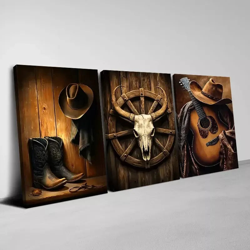 3-Piece Western Cowboy Themed Horse Guitar & Skull Wall Art Set - Framed Canvas 50x70cm - High Quality Print - 100% Australian Made - Ready to Hang - Perfect for Western Home Decor, Cowboy Bar, Ranch or Man Cave Wall Art