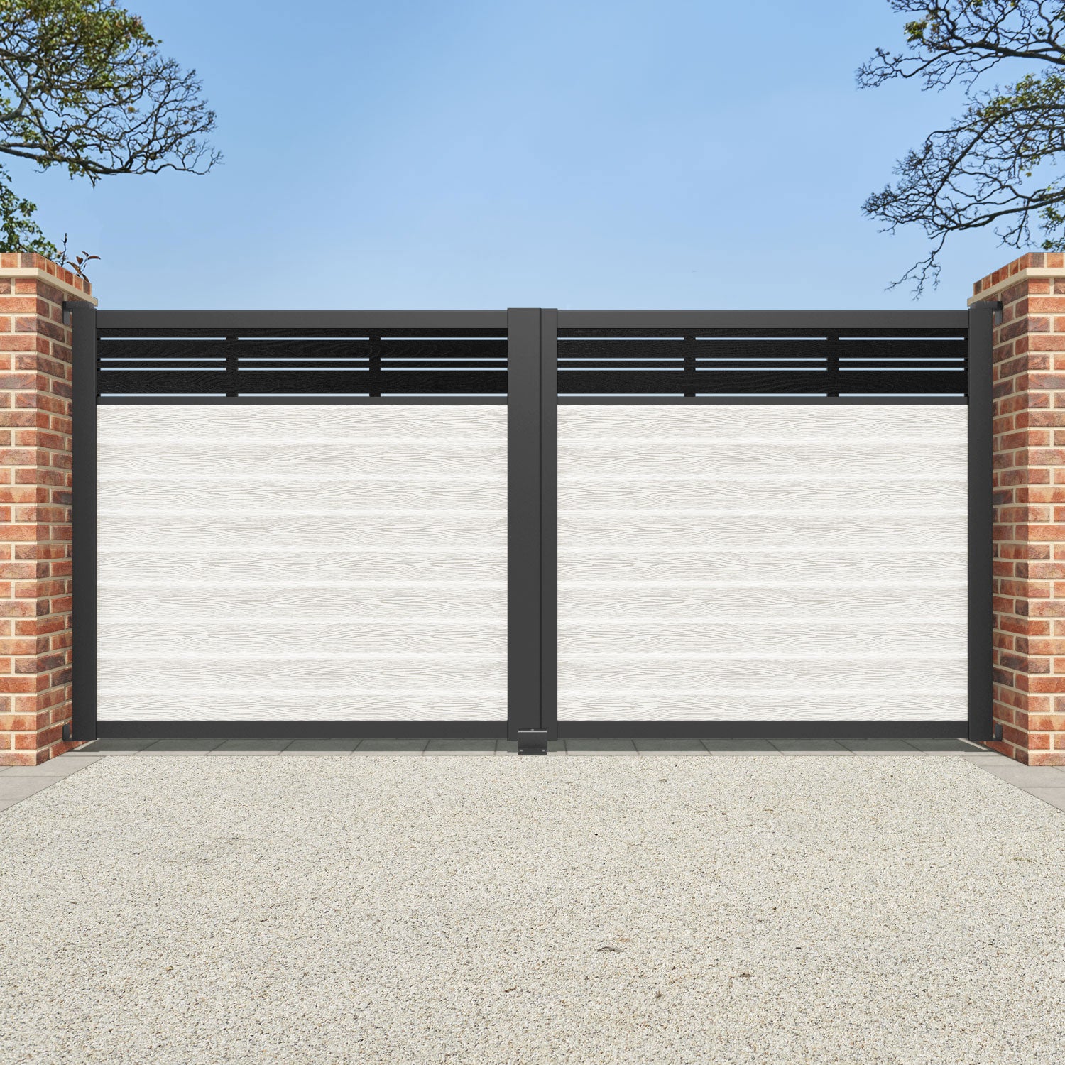 Classic Linea Straight Top Driveway Gate in Light Stone with Top Screen - Elegant Driveway Entrance for Home Security and Curb Appeal