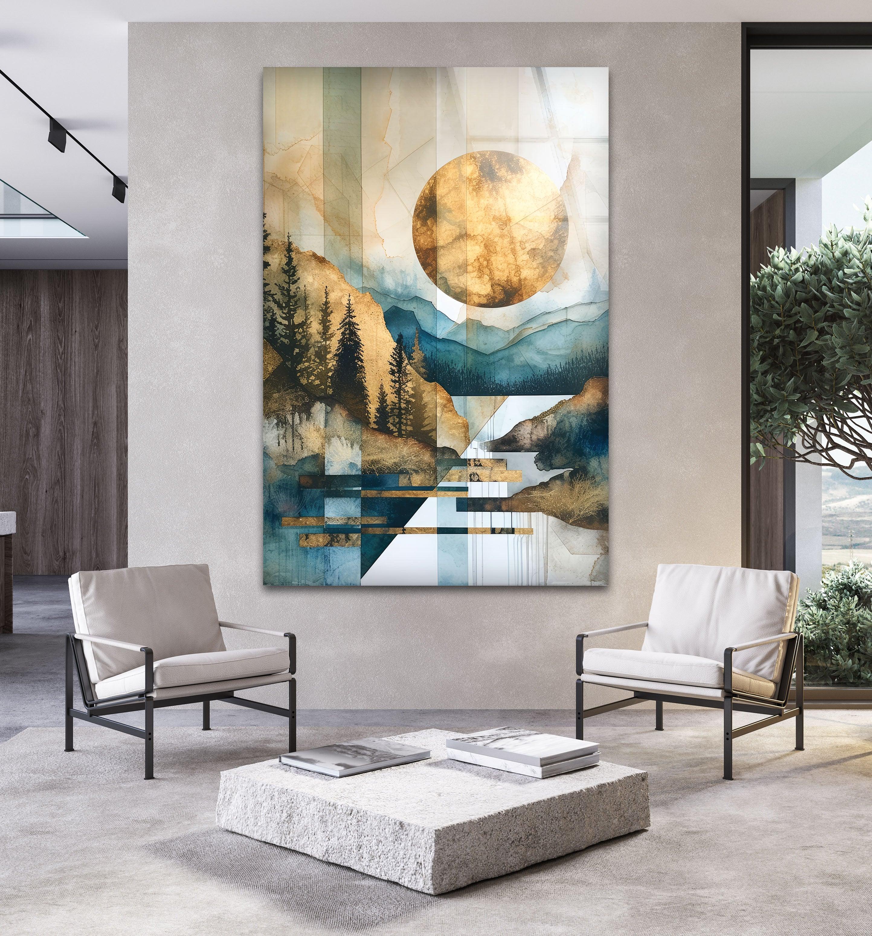 Abstract Golden Sun Glass Wall Art - Geometric Mountain & Nature Landscape Decor for Living Room, Bedroom, Office - Modern Home & Office Decoration