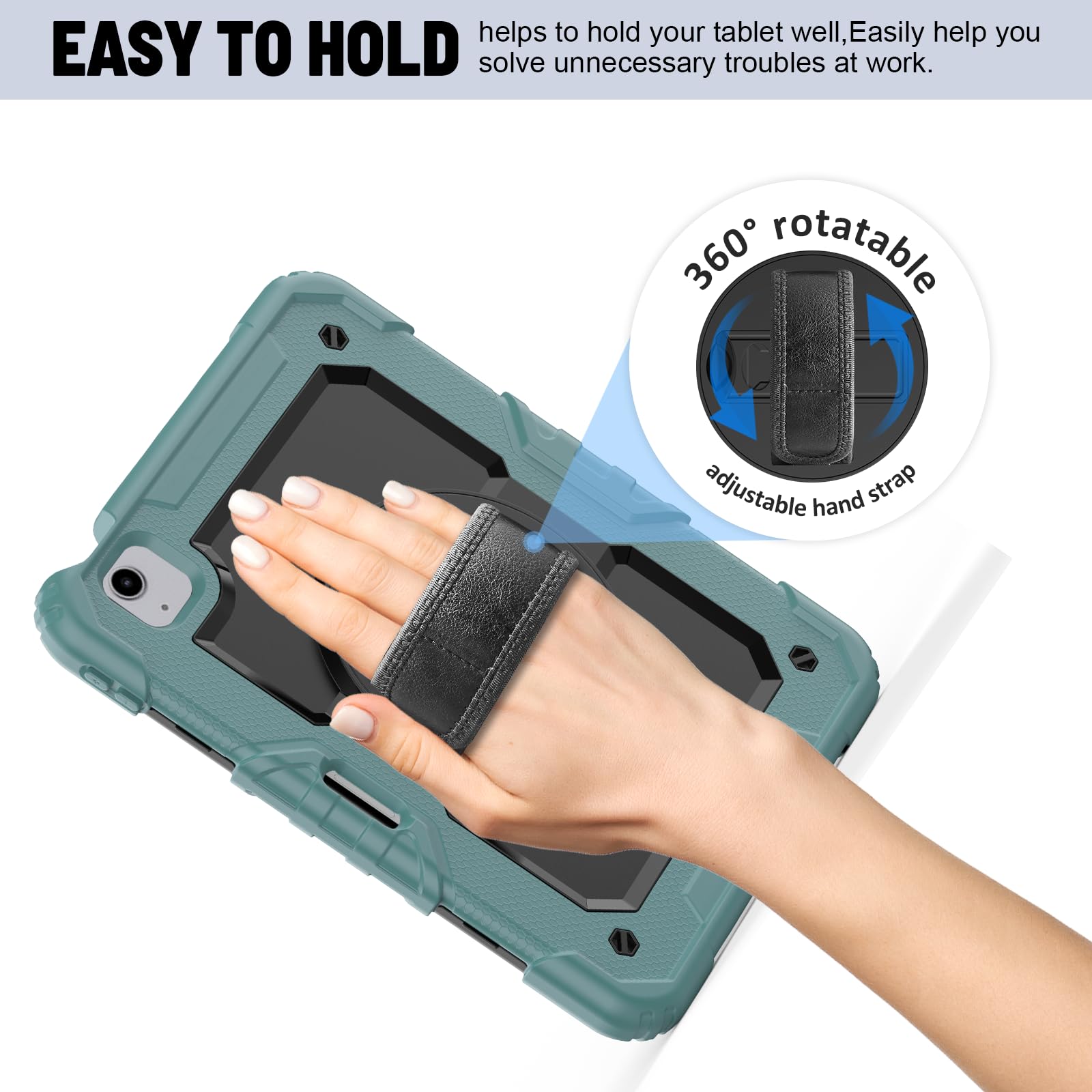 Premium Shockproof iPad Air 5th/4th Gen (2022/2020) & iPad Pro 11 Case - 360° Full Body Protection with 9H Tempered Glass Screen Protector, Rotating Kickstand & Hand Strap (Teal/Black) - Perfect for Work, Travel & Outdoor Activities