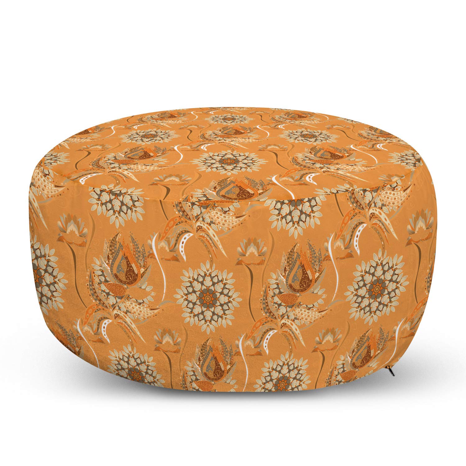 Ambesonne Tan and Brown Ottoman Pouf with Ornamental Tulip Floral Pattern - Soft Foot Rest Stool with Removable Cover for Living Room, Bedroom, Nursery - Perfect for Home Decor, Relaxation and Extra Seating (Orange/Tan/Brown)