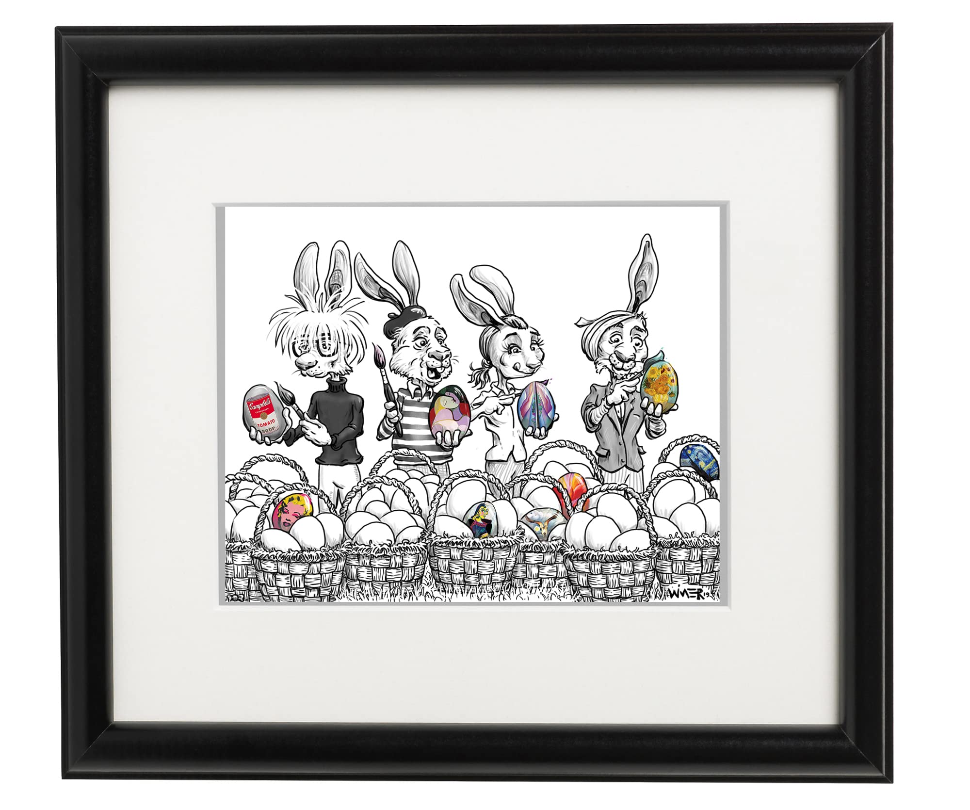 Easter Egg Artists Cartoon/Illustration - Hand-Signed Artwork with Mat & Quality Frame (Black) | Perfect for Home Decor, Easter Gifts & Art Collectors