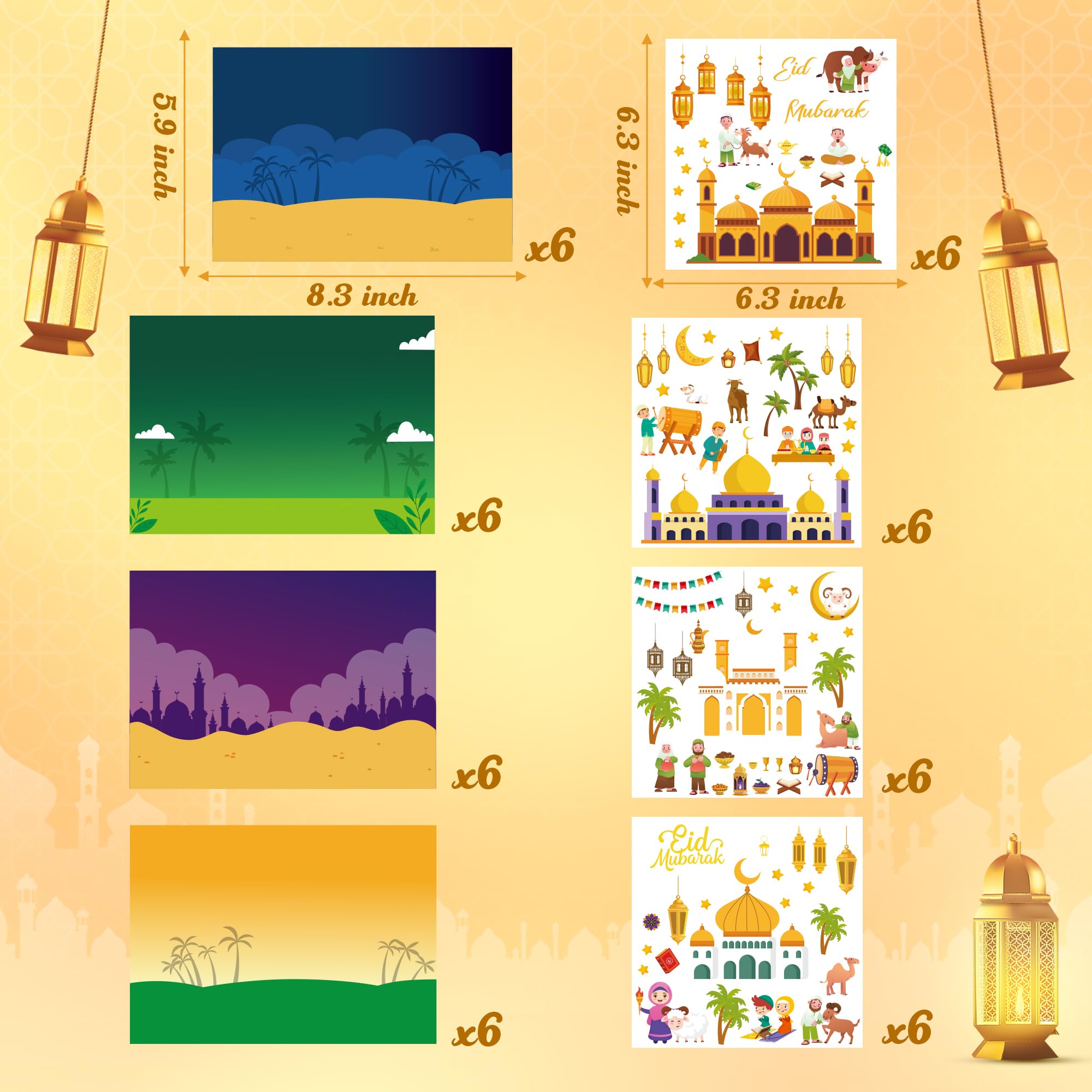 COcnny 48pcs Eid Mubarak Craft Kit - DIY Mosque Scene Stickers for Kids, Ramadan Kareem Decal, Islamic Religious Art Ornaments for Eid Al-Fitr Party, School Projects, Classroom Decor & Family Celebrations