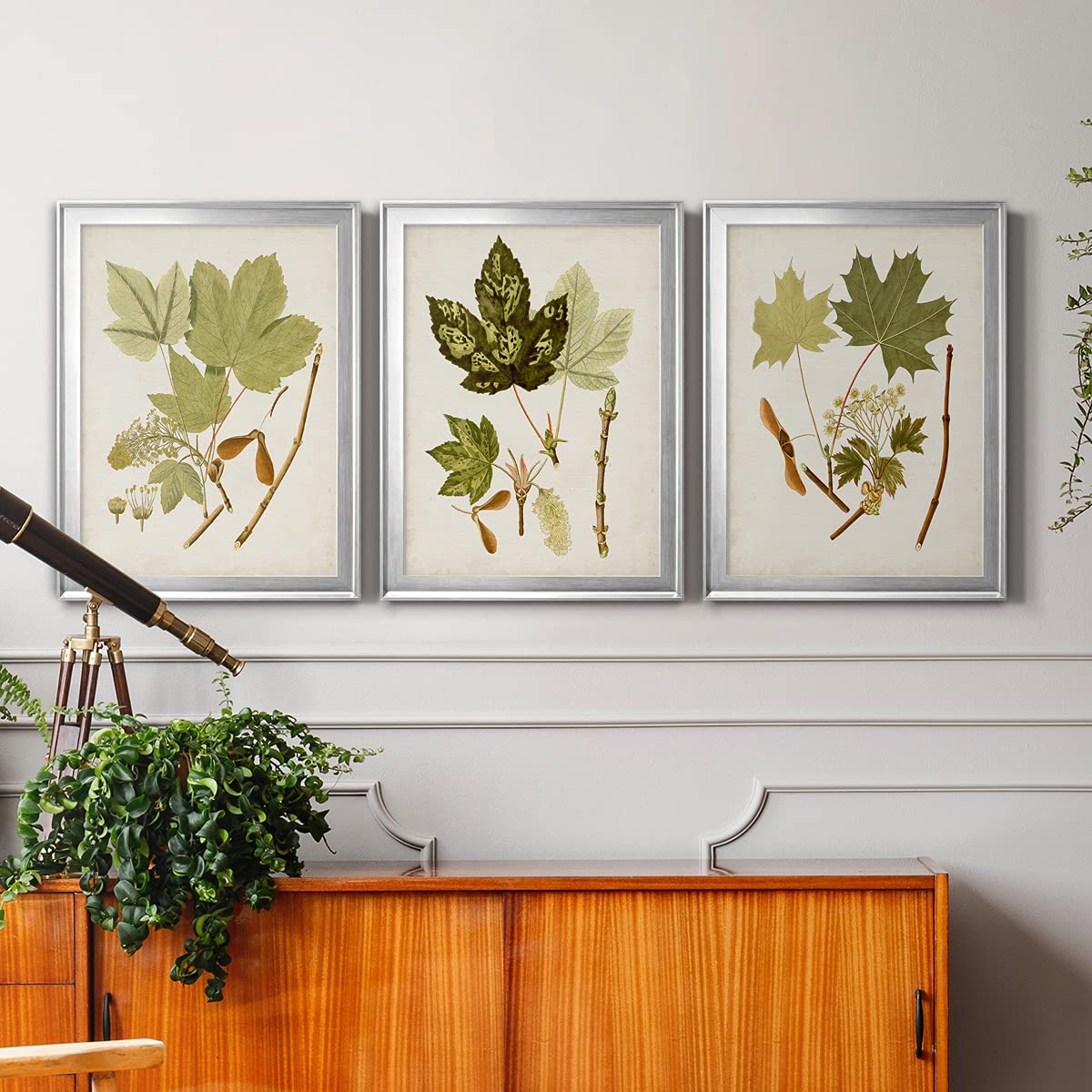 Silver Framed Canvas Wall Art - 3-Piece Antique Leaves Décor Set (26x36 Inches) for Bathroom, Living Room & Bedroom | Trendy Eclectic Home & Travel Inspired Design