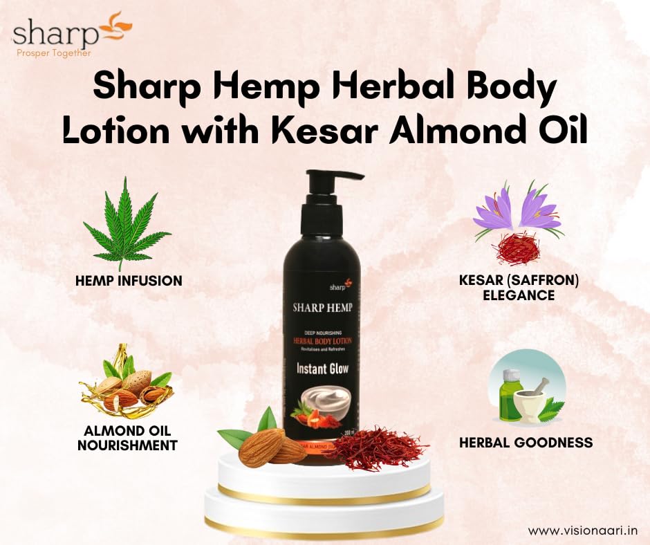 **SHARP Hemp Body Lotion with Kesar & Almond Oil (400ml Pack of 2) – Intensive Moisturizing & Nourishing for Dry Skin – Men & Women – Perfect for Daily Hydration & Post-Shower Care**    *(Use Case: Ideal for dry, rough skin – deeply hydrates and soothes after showering, gym sessions, or exposure to harsh weather.)*