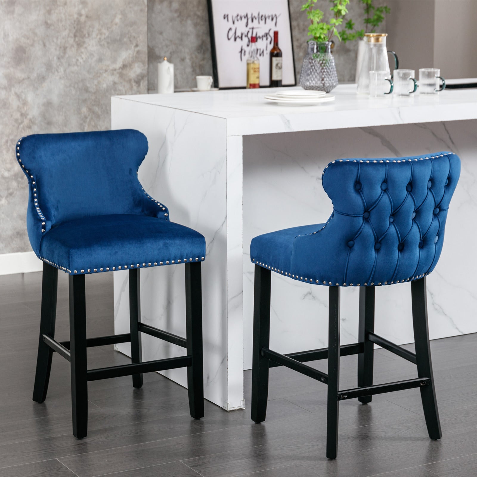 Contemporary Velvet Upholstered Wingback Bar Stools with Button Tufted Design, Wooden Legs & Chrome Nailhead Trim - Set of 4 Blue Bar Chairs (SW1824BL) for Kitchen Island, Breakfast Nook & Home Bar Decor