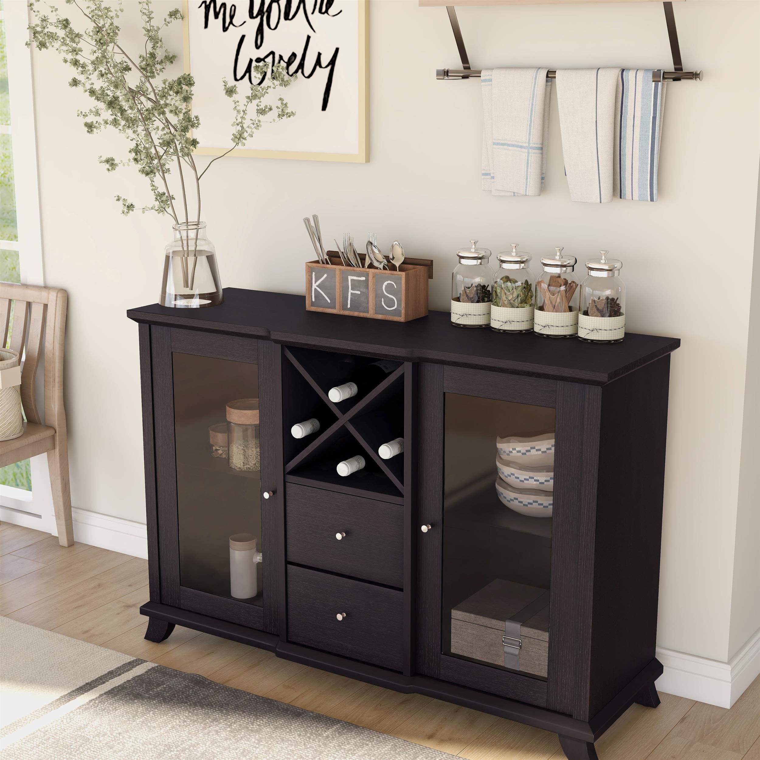 Furniture of America Anglex Wood Buffet with Wine Rack - Cappuccino Finish Sideboard for Dining Room, Kitchen Storage & Home Decor