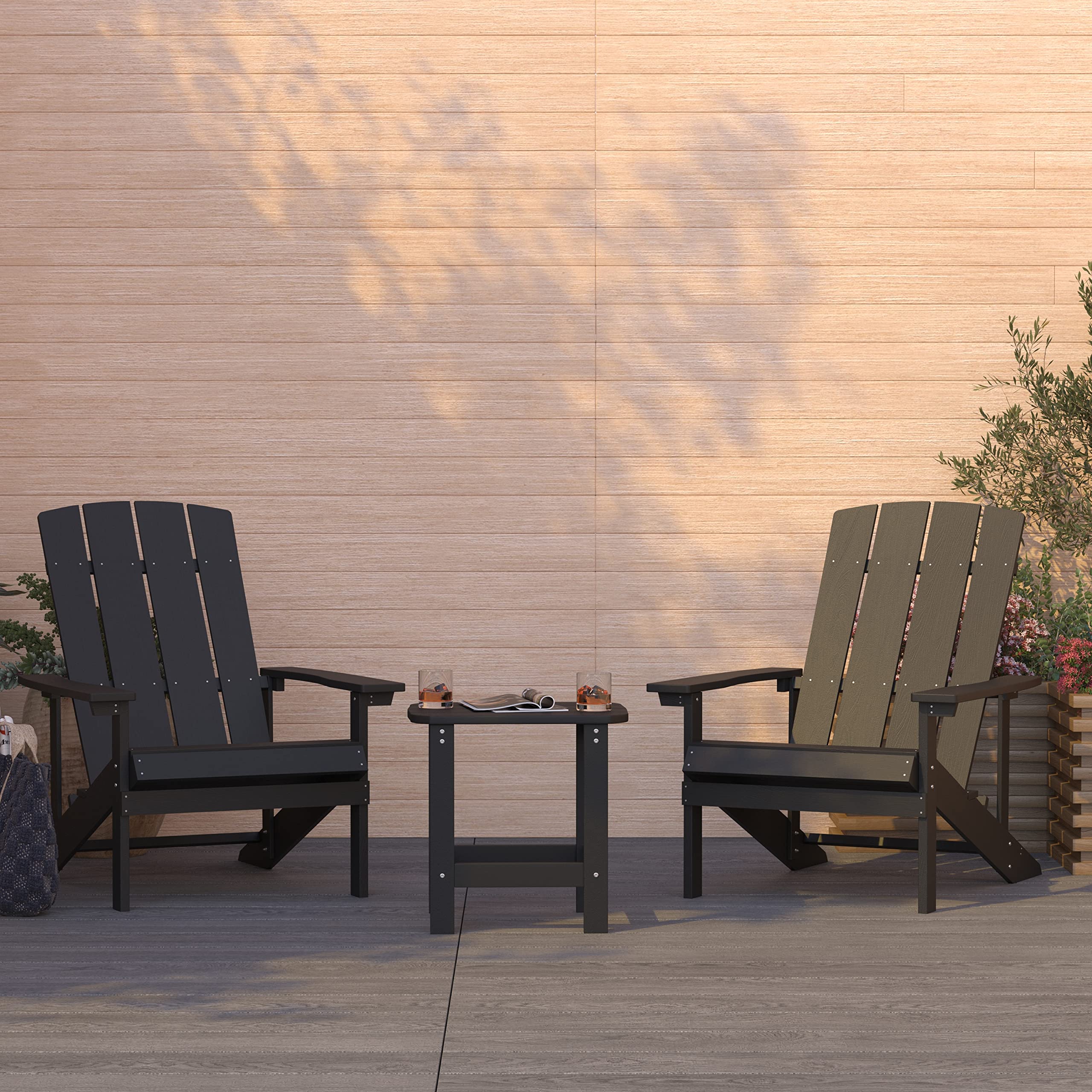 Merrick Lane Riviera Adirondack Patio Chairs and Table Set - Black Indoor/Outdoor Furniture for Deck, Garden, Poolside & Backyard Relaxation