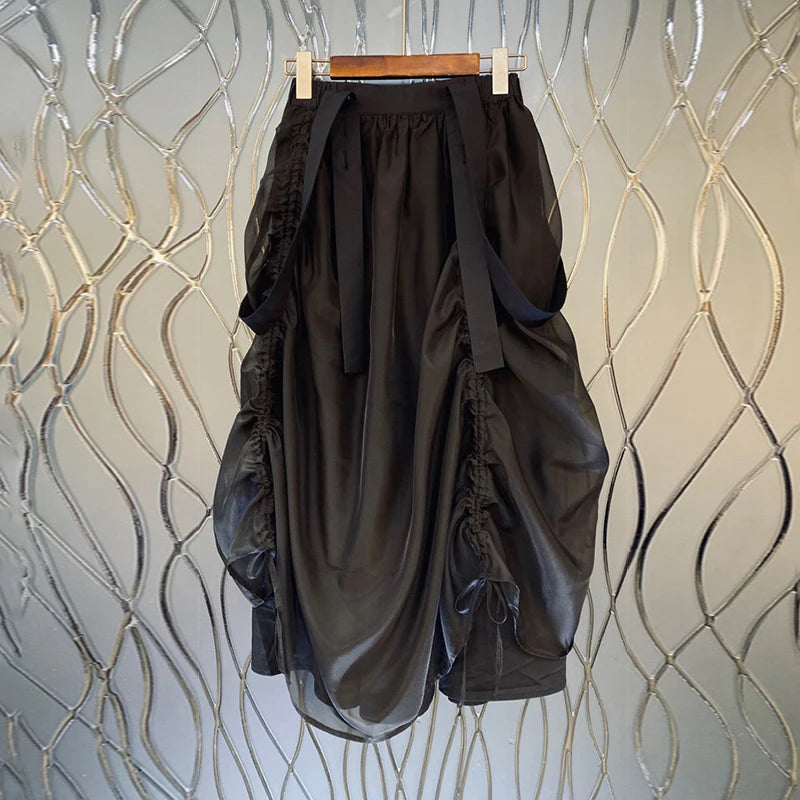 Black Ruched Drawstring High Waist Skirt for Women - Fashionable Irregular Hem Casual Skirt | Perfect for Summer Outfits, Beach Wear, and Date Nights