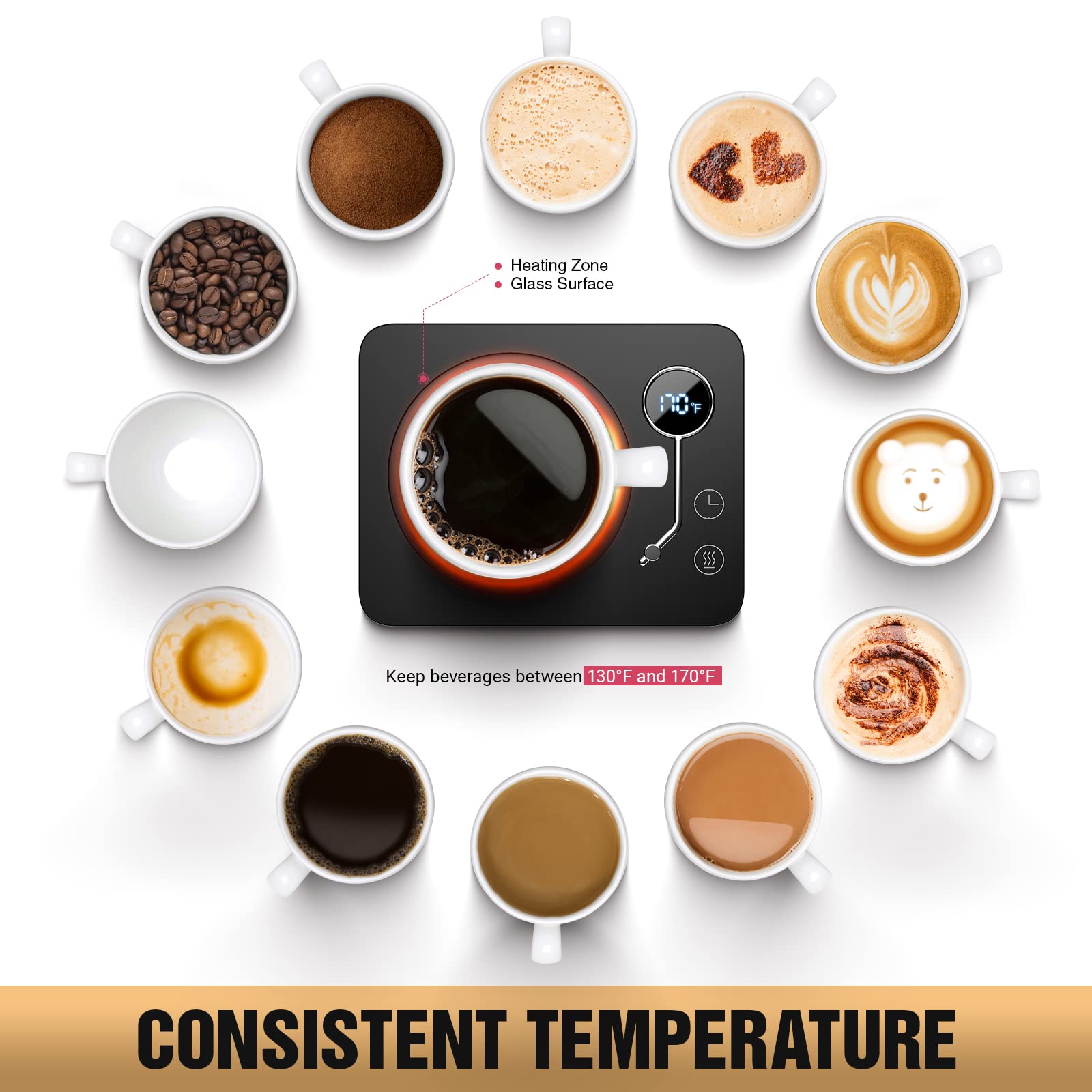 Smart Coffee Mug Warmer for Desk - 3 Temperature Settings (131-176℉), Touch Control, Timer & LED Display, Auto Shut Off, Gravity Sensor - Perfect for Heating Coffee, Tea, Milk & Beverages at Home or Office