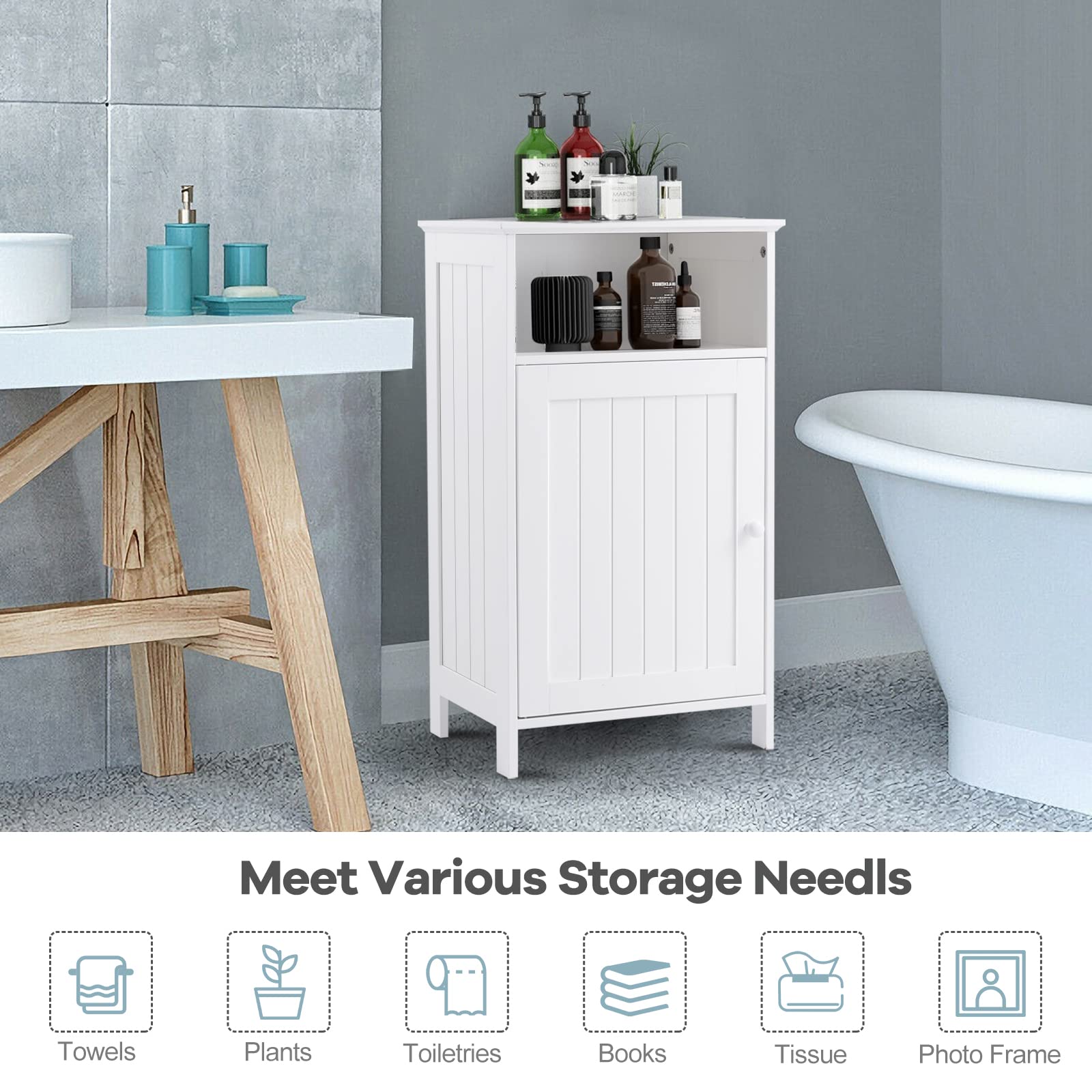 Safeplus Small Floor Storage Cabinet with Drawer & Door - White Bathroom Organizer for Toiletries, Towels & Cleaning Supplies | Perfect for Bathroom, Laundry Room & Small Space Organization