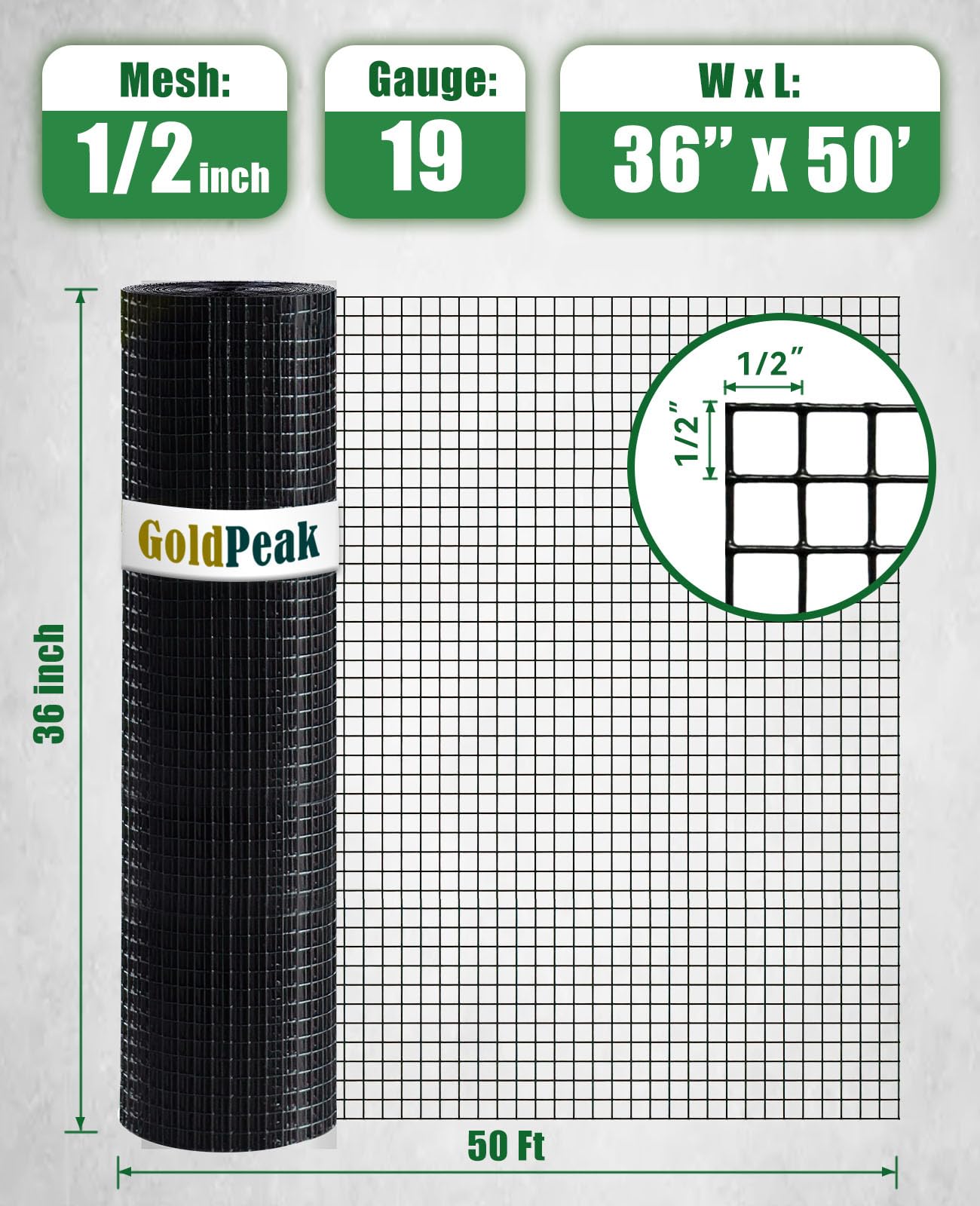 GoldPeak Black Vinyl Coated Hardware Cloth - 1/2 Inch Mesh 19 Gauge Wire Mesh Roll (36in x 50ft) - Heavy Duty Garden Fence, Chicken Coop Cover, Rabbit Cage & Animal Enclosure Wire Fencing - Ideal for Poultry Protection, Garden Security & DIY Projects