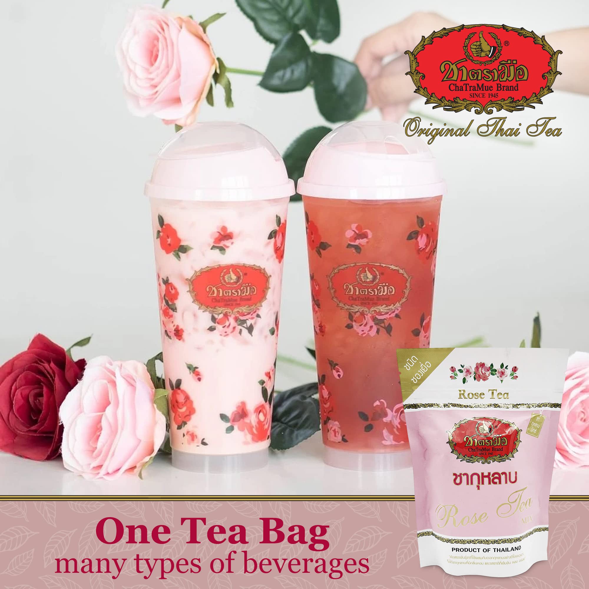 Premium Thai Tea Sampler - Cha Tra Mue Original, Matcha, Gold Aroma & Green Tea Bags (40g x 50 Sachets) + Rose Tea - Authentic Thai Milk Tea Mix for Bubble Tea, Iced Tea & Dessert Recipes