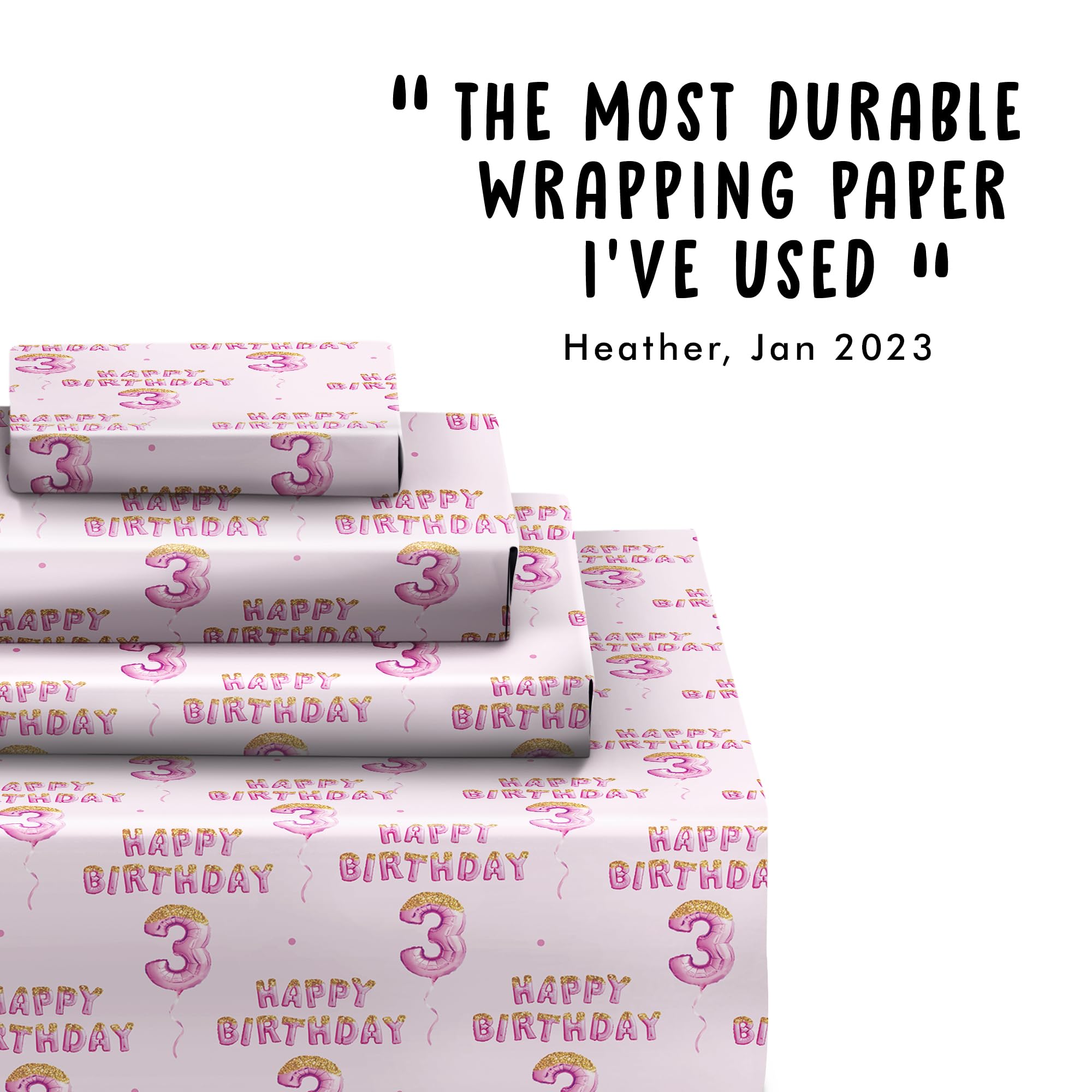 Happy 3rd Birthday Wrapping Paper for Girls - 6 Sheets Pink Recyclable Gift Wrap with Stickers | Perfect for Birthday Party Decorations, Present Wrapping & Special Occasions
