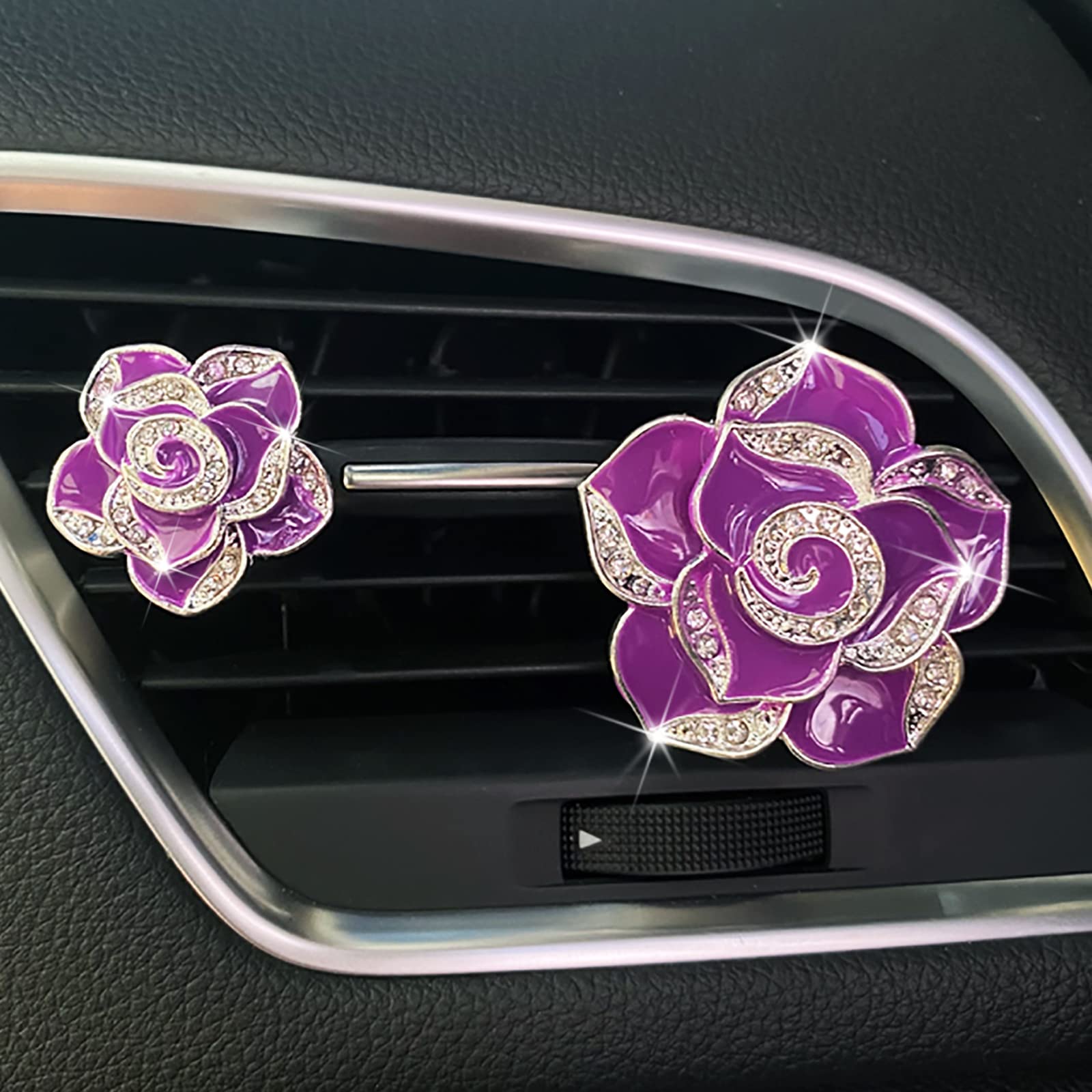 2 Pcs Camellia Air Vent Clips - Cute Flower Car Air Freshener with Crystal Rose Charm, Bling Car Vent Decor for Women & Girls | Perfect for Sedan, SUV, Truck Interior Accessories & Gift Ideas