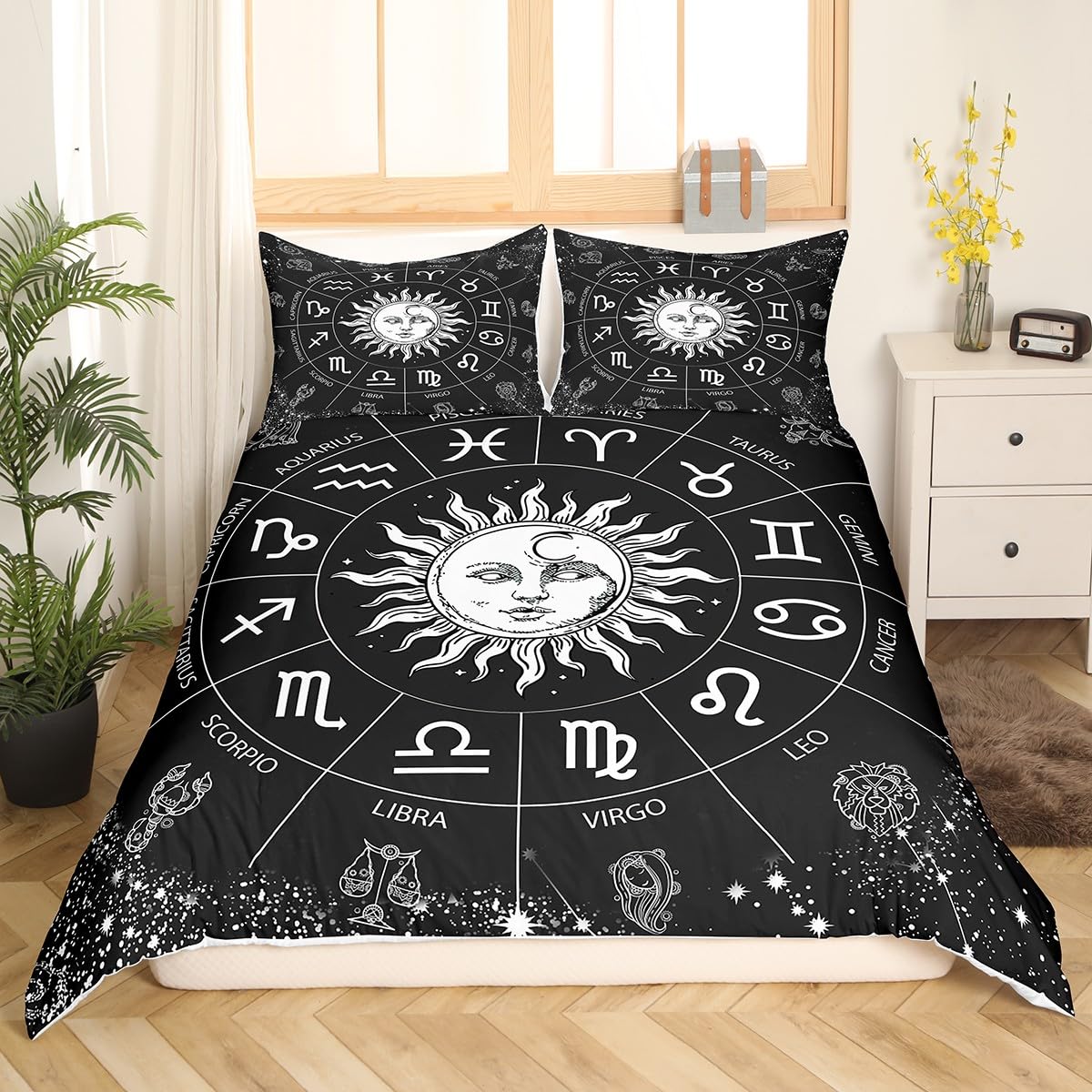 Manfei Queen Size Sun and Moon Zodiac Constellation Duvet Cover Set - 3 Piece Astrology Bedding for Kids, Boys & Girls (Black & White, Includes 2 Pillowcases, Comforter Not Included) - Perfect for Themed Bedrooms, Teen Rooms & Celestial Decor