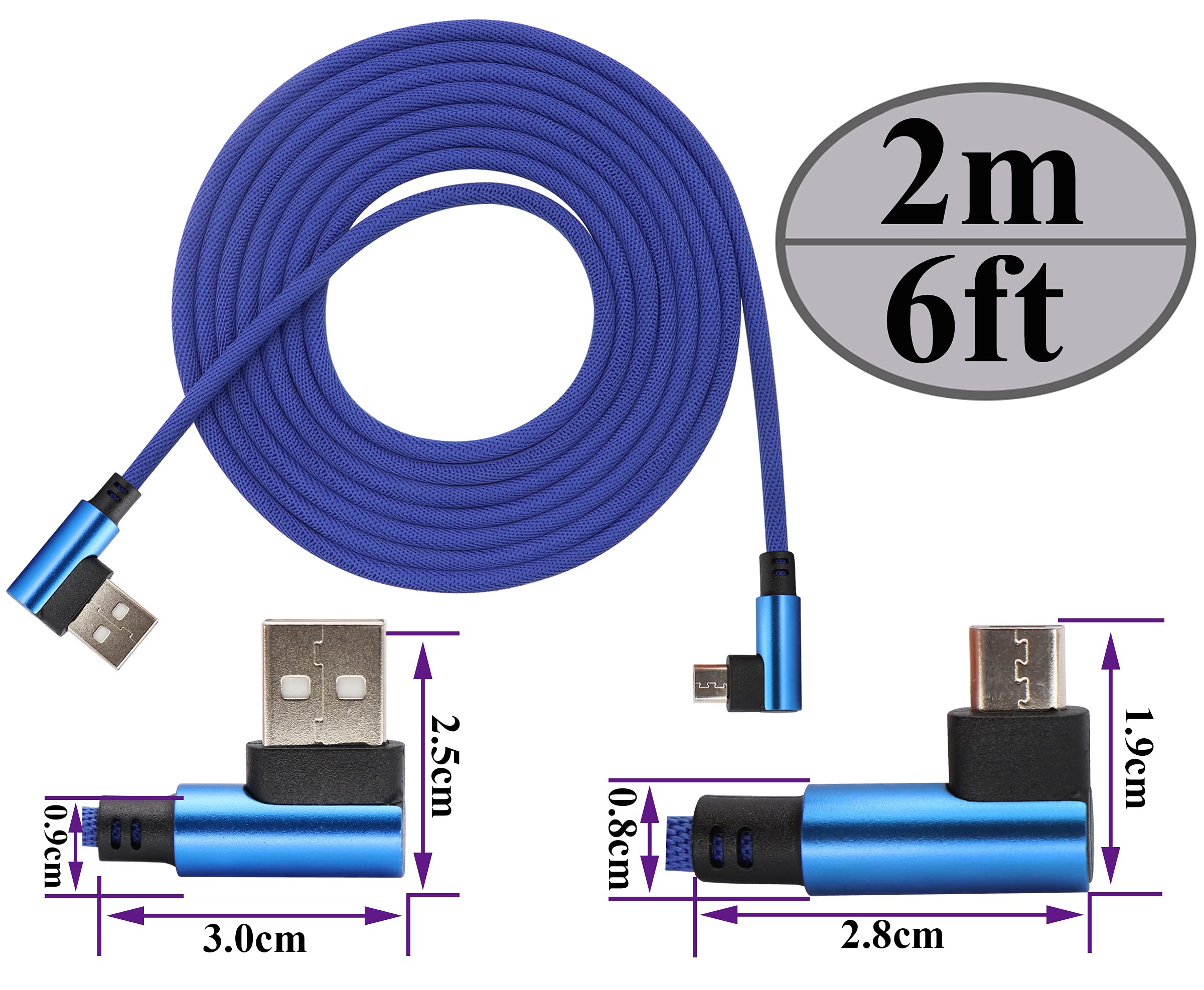 AAOTOKK 3 Ft 90 Degree Right Angle Micro USB Cable - Nylon Braided Fast Charging & Data Sync Cord for Android, Samsung, LG, Huawei Smartphones - Durable & Tangle-Free (2m/Blue) - Perfect for Gaming, Car Charging & Tight Spaces