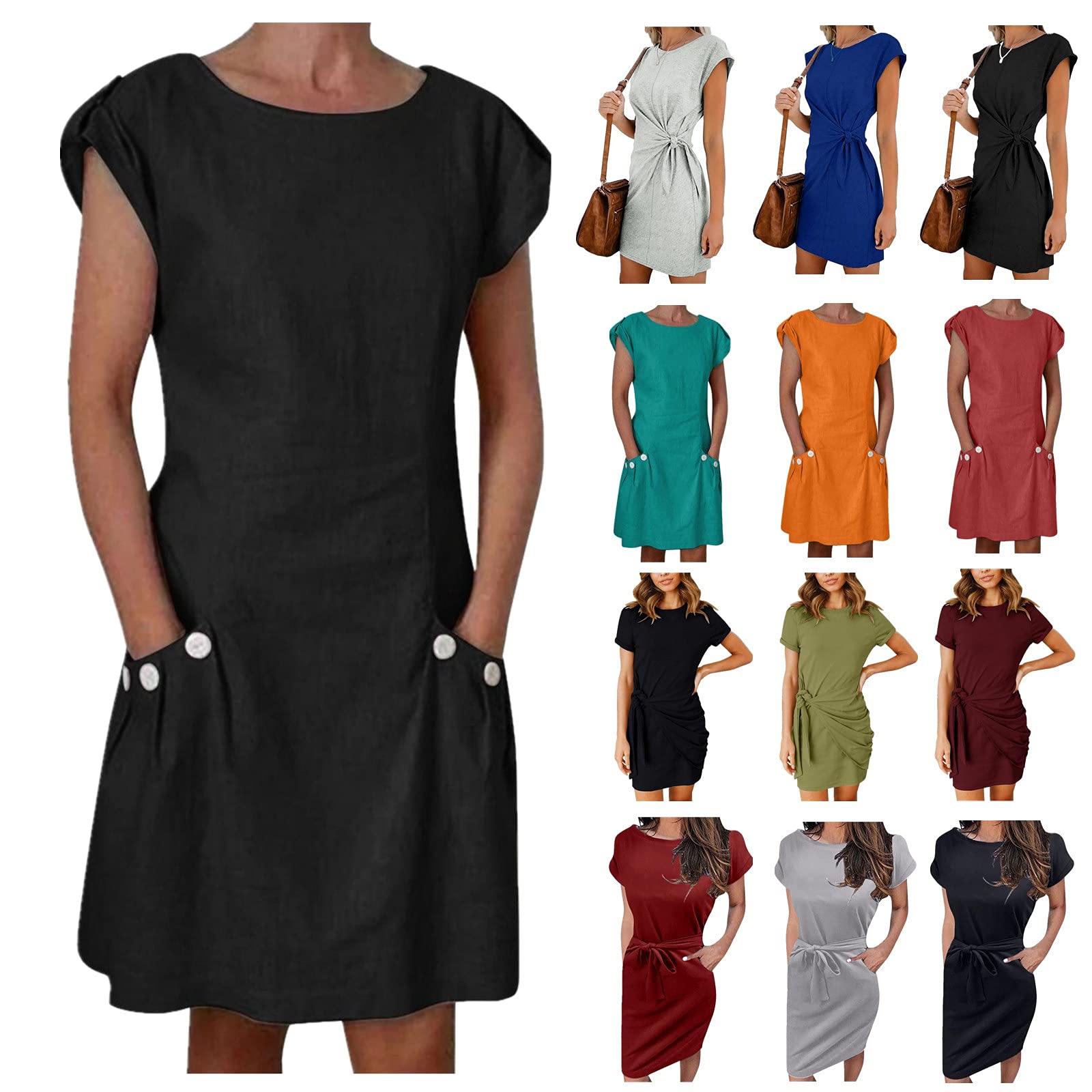 Gillberry Women's Stretchy Round Neck Short Sleeve Bodycon Dress with Pockets - Comfortable Office Work Dress for Casual & Professional Wear