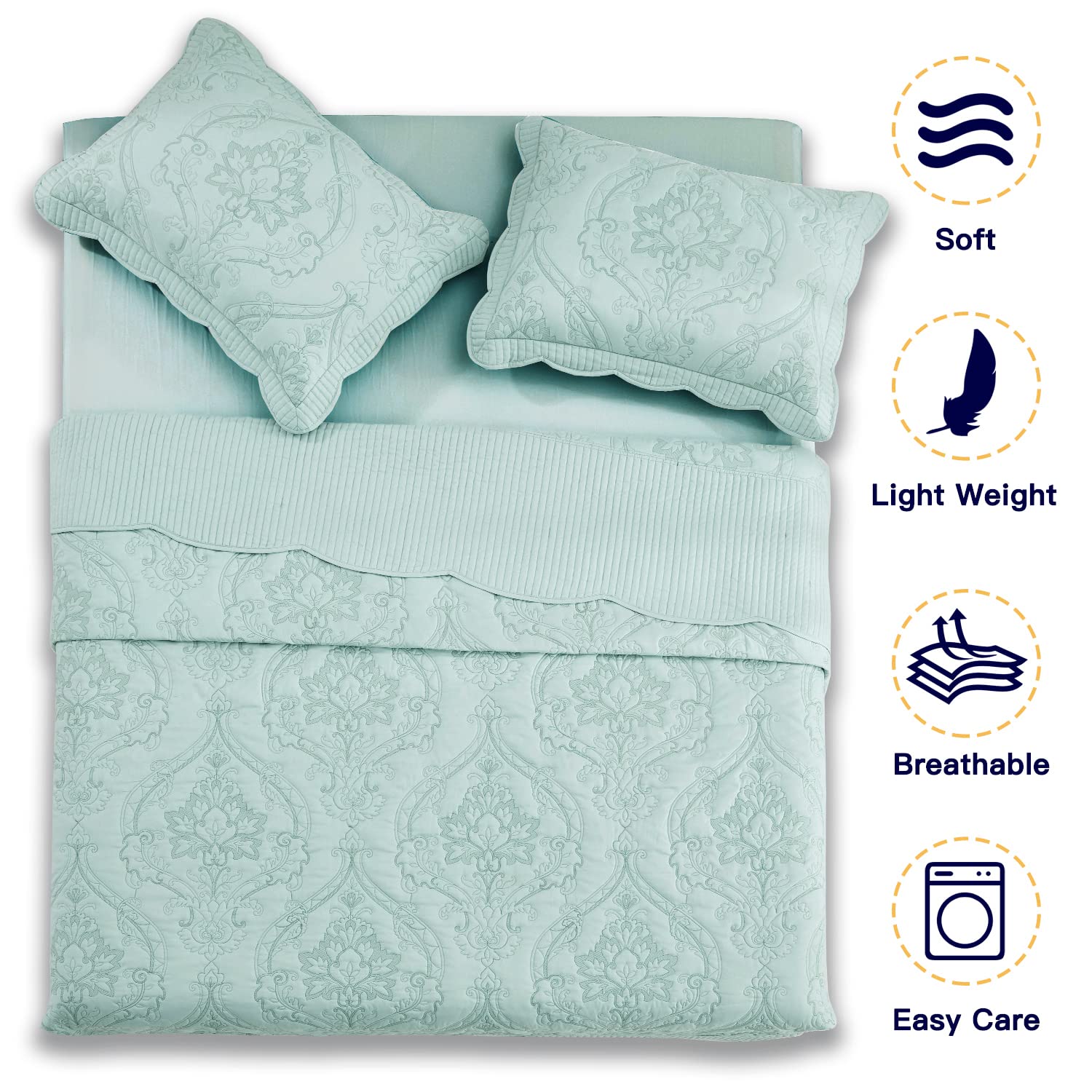 CHIXIN Oversized King Size Bedspread Coverlet Set - Lightweight Reversible 4-Piece Bedding with Beautiful Stitching & Gorgeous Damask Paisley Pattern (Seaglass) - Perfect for Master Bedroom, Guest Room or Luxury Hotel Decor