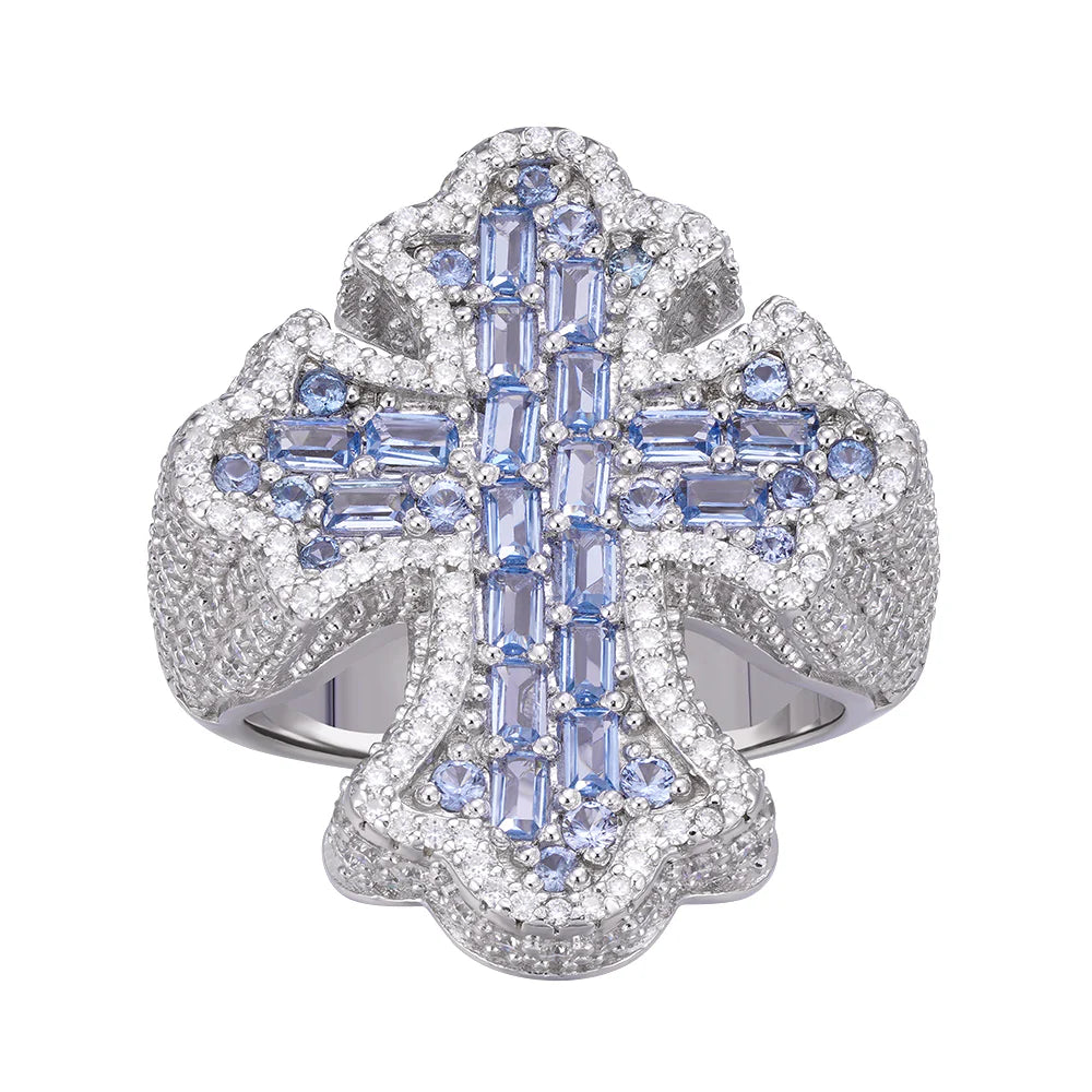 **Aquamarine Cross Ring for Men - 925 Sterling Silver Moissanite Baguette Ring - Perfect for Gifts, Weddings & Everyday Wear**