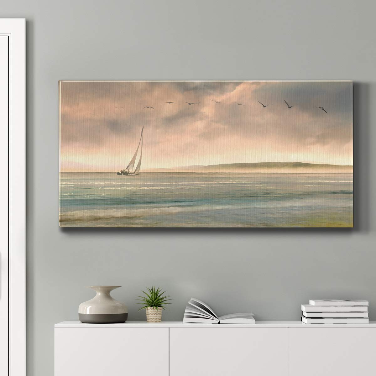 Modern Ocean Sailboat Canvas Wall Art - Blue Landscape Print for Living Room, Bedroom, Kitchen, Bathroom & Office Decor - Ready to Hang 24x48 Inches - Perfect for Coastal, Nautical & Beach-Themed Home Interiors