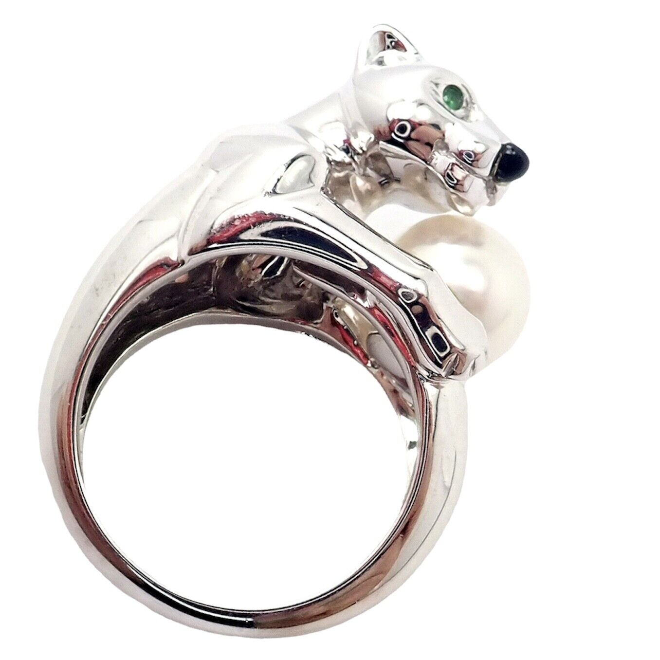 Authentic Cartier 18K White Gold Panther Panthere Ring with Onyx, Tsavorite & Pearl - Luxury Jewelry for Women, Perfect for Weddings, Anniversaries & Special Occasions