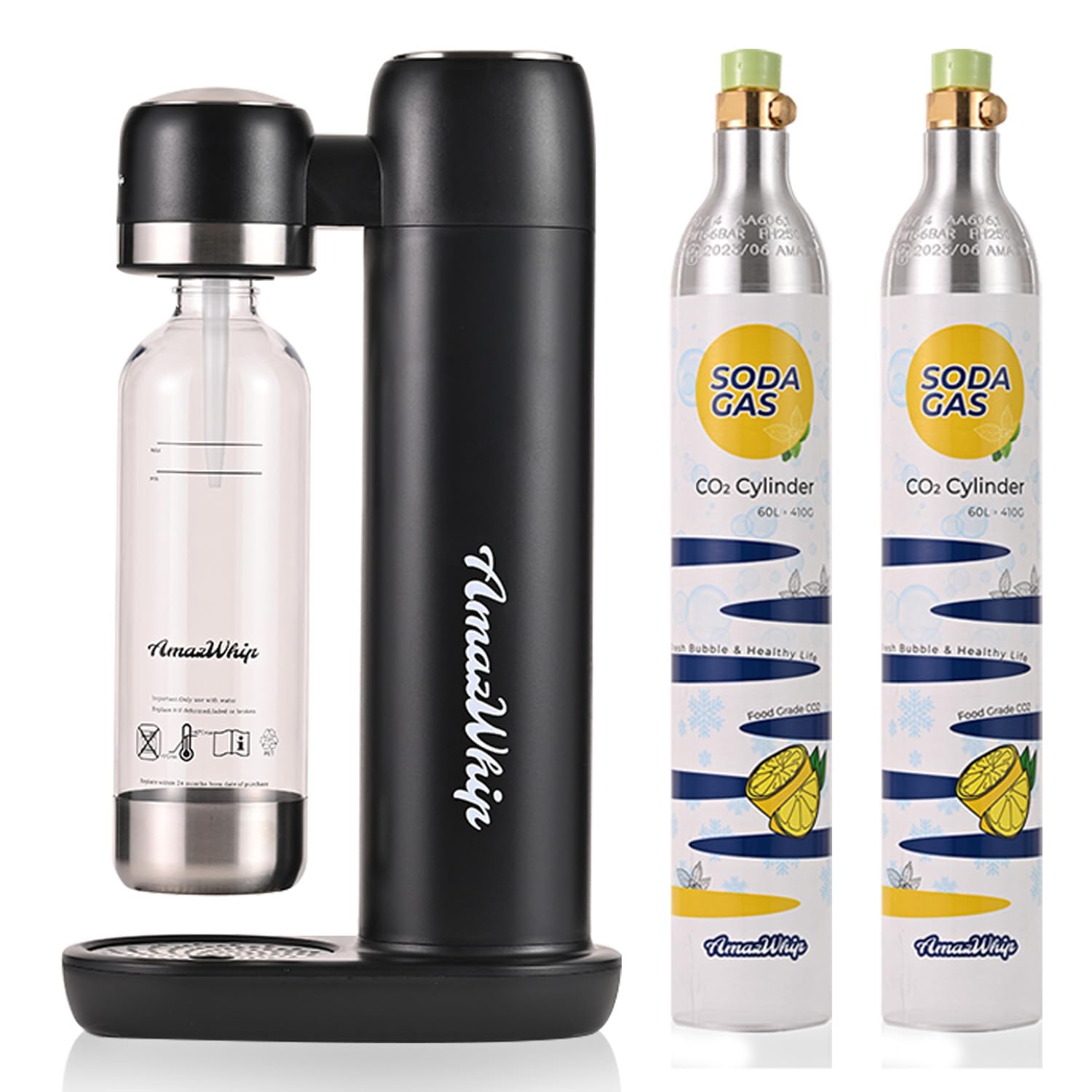 Premium Sparkling Water Maker Machine with CO2 Gas Canisters & 1L Water Bottles - Home Carbonated Drink Maker for Healthy Soda, Sparkling Juice & Cocktails (Black, Includes 2 Canisters) - Perfect for Kitchen, Office, Parties & Home Bar Use