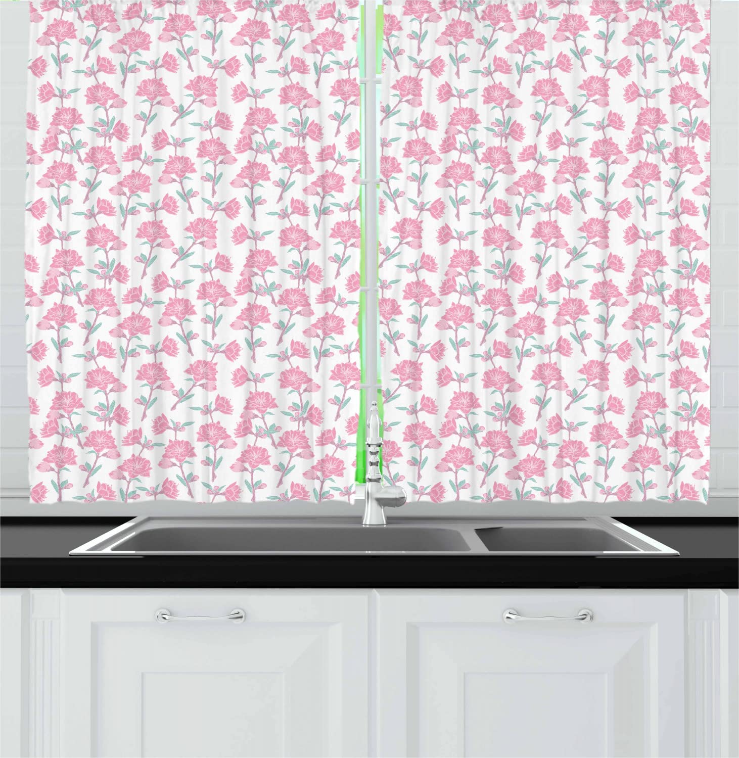 Ambesonne Floral Kitchen Curtains - Hand Drawn Rose & Buds Botanical Design, 55