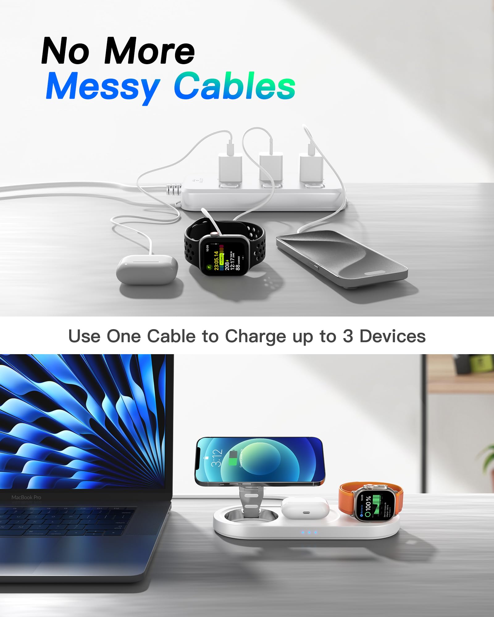 3 in 1 Magnetic Wireless Charger Stand for iPhone 16/15/14/13/12 Series, AirPods Pro & Apple Watch - Fast MagSafe Charging Station with Nano Technology - Perfect for Bedside, Office & Travel (White)