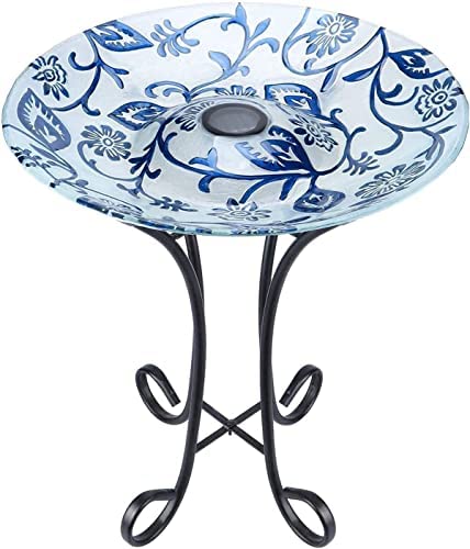Solar-Powered Glass Bird Bath with Metal Stand - Outdoor Garden Decor for Patio, Deck & Porch - Attract Birds & Enhance Your Backyard Oasis