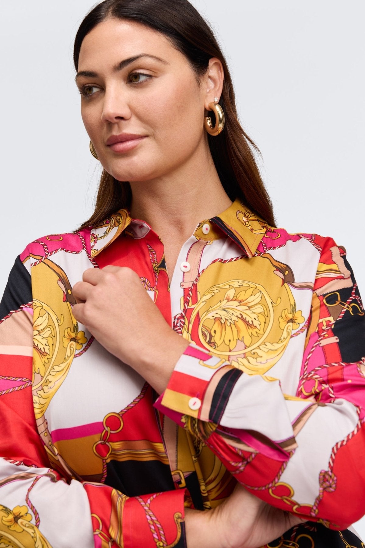 Luna Plus Stylish Buckle Scarf Print Long Sleeve Blouse for Women | Fashionable Office & Casual Wear | Perfect for Work, Dates, and Everyday Outfits