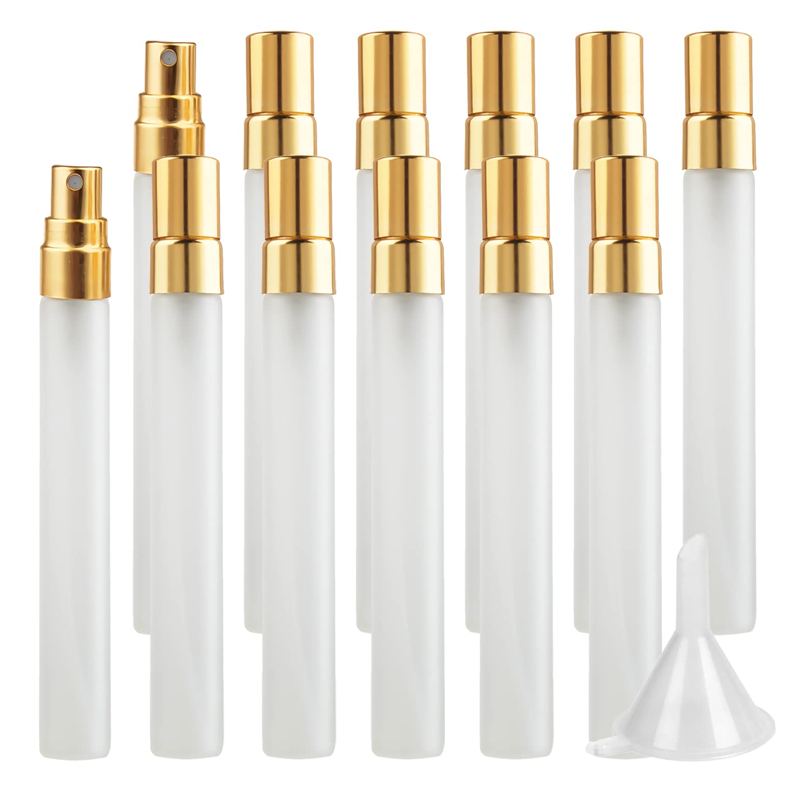 LusDoly 24-Pack 10ml Frosted Glass Perfume Atomizer Bottles with Gold Sprayer - Refillable Travel-Size Fine Mist Spray Bottles for Fragrance Samples, Essential Oils & Cosmetics | Perfect for Travel, Purse & Gym Bag