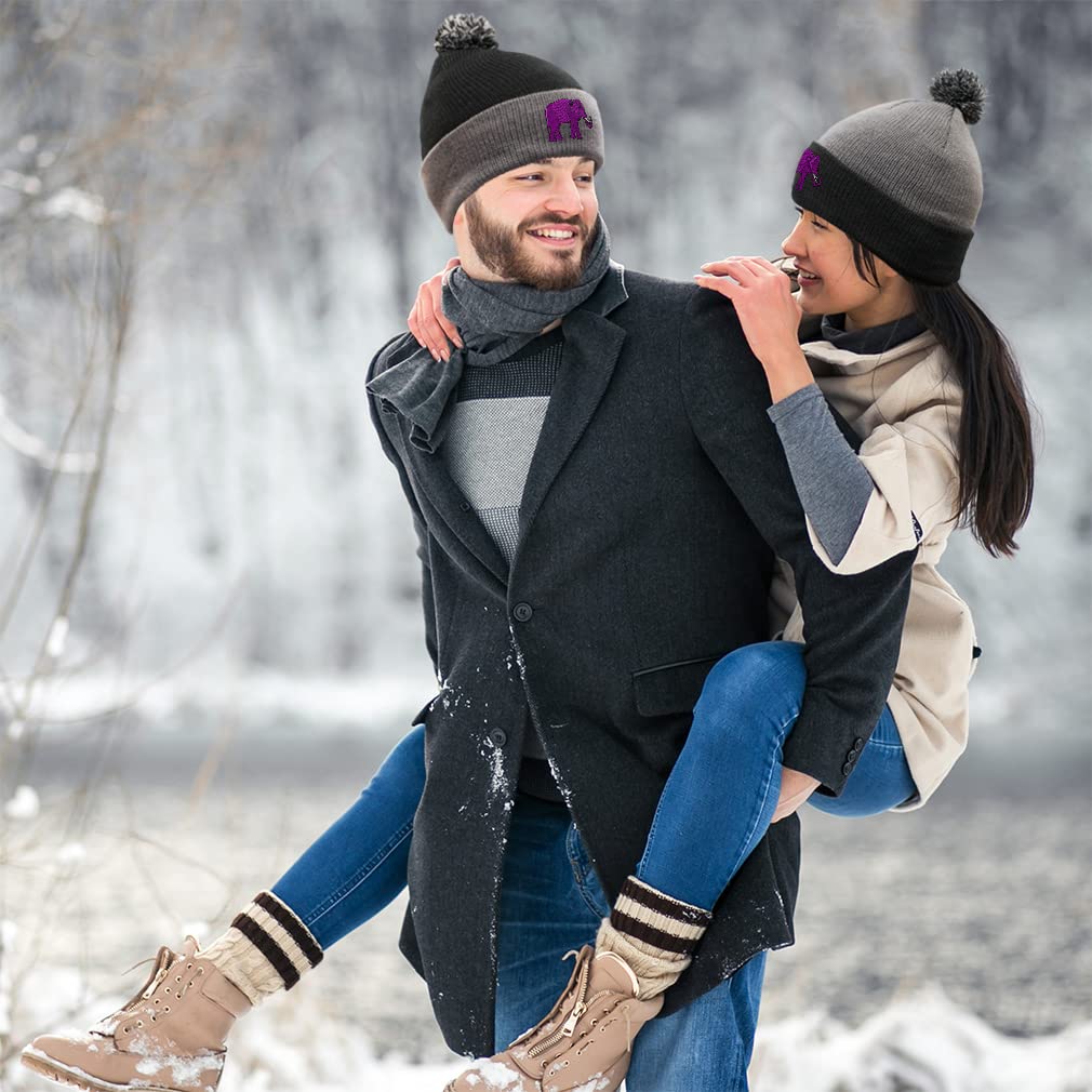 Women's Purple Elephant Embroidery Pom Pom Beanie - Acrylic Winter Skull Cap Hat for Men & Women (One Size Fits All) - Perfect for Cold Weather, Outdoor Activities & Casual Fashion