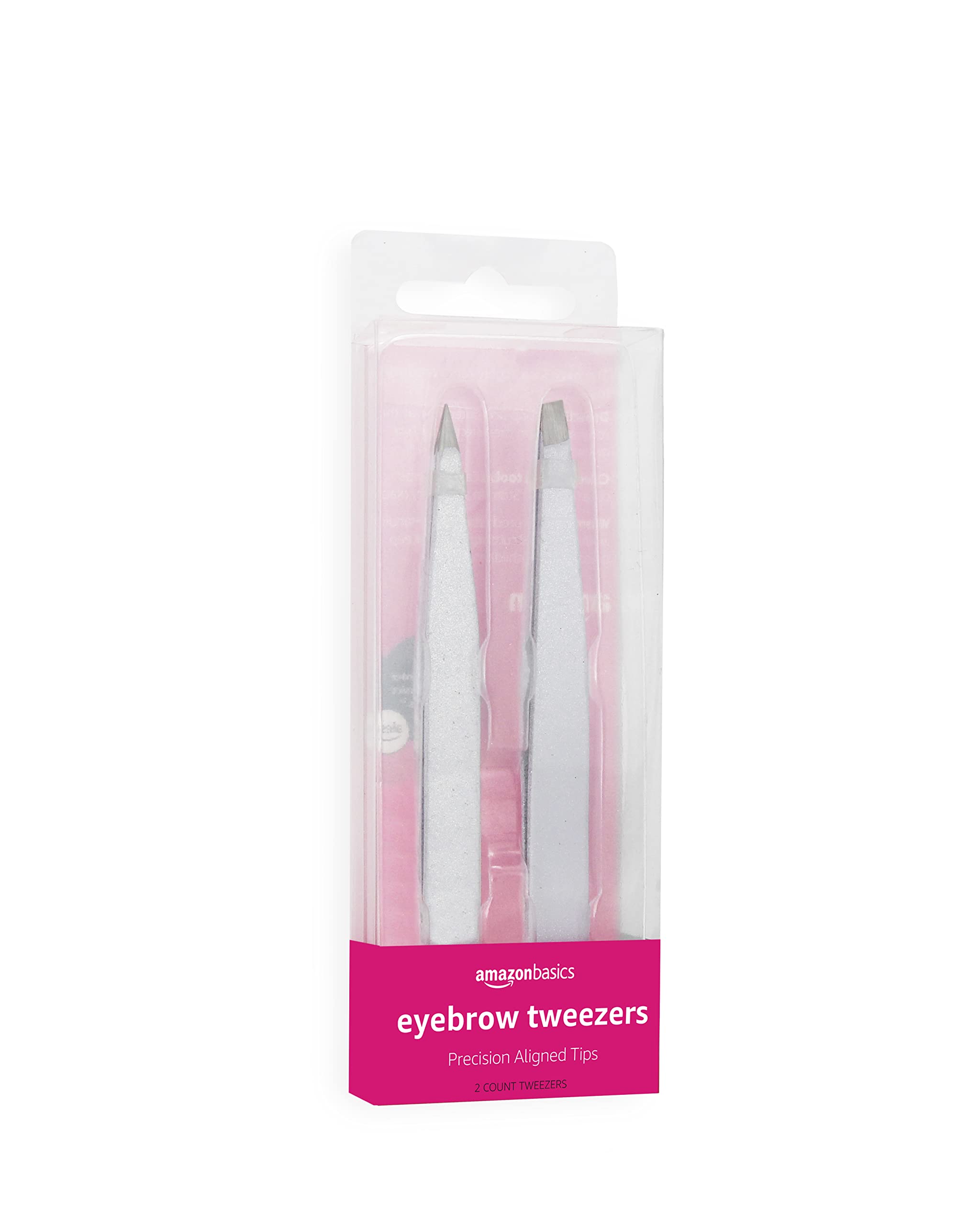 Amazon Basics Stainless Steel Eyebrow Tweezers - 2 Pack Set for Precise Grooming, Perfect for Eyebrow Shaping, Facial Hair Removal & Makeup Application