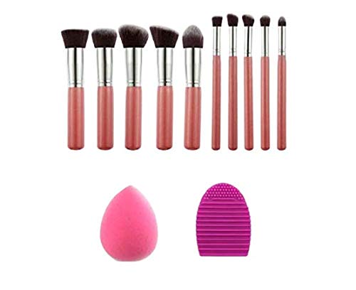 Angelie Pink 10-Piece Makeup Brush Set with Blender Sponge & Brush Egg - Professional Cosmetic Brushes for Foundation, Contour, Eyeshadow & More - Perfect for Travel, Home & Professional Makeup Artists